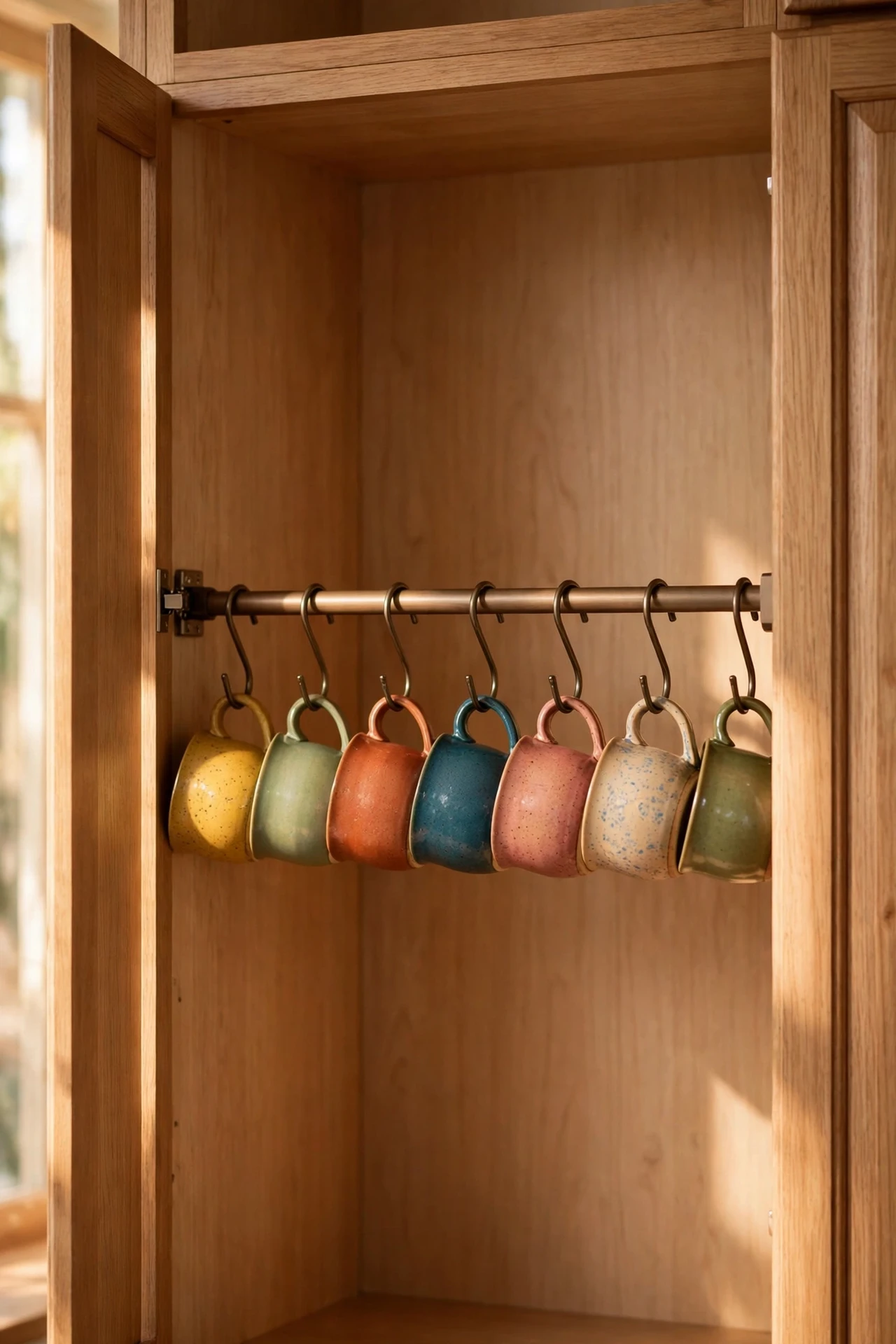 Mugs hanging from S-hooks on a tension rod in cabinet