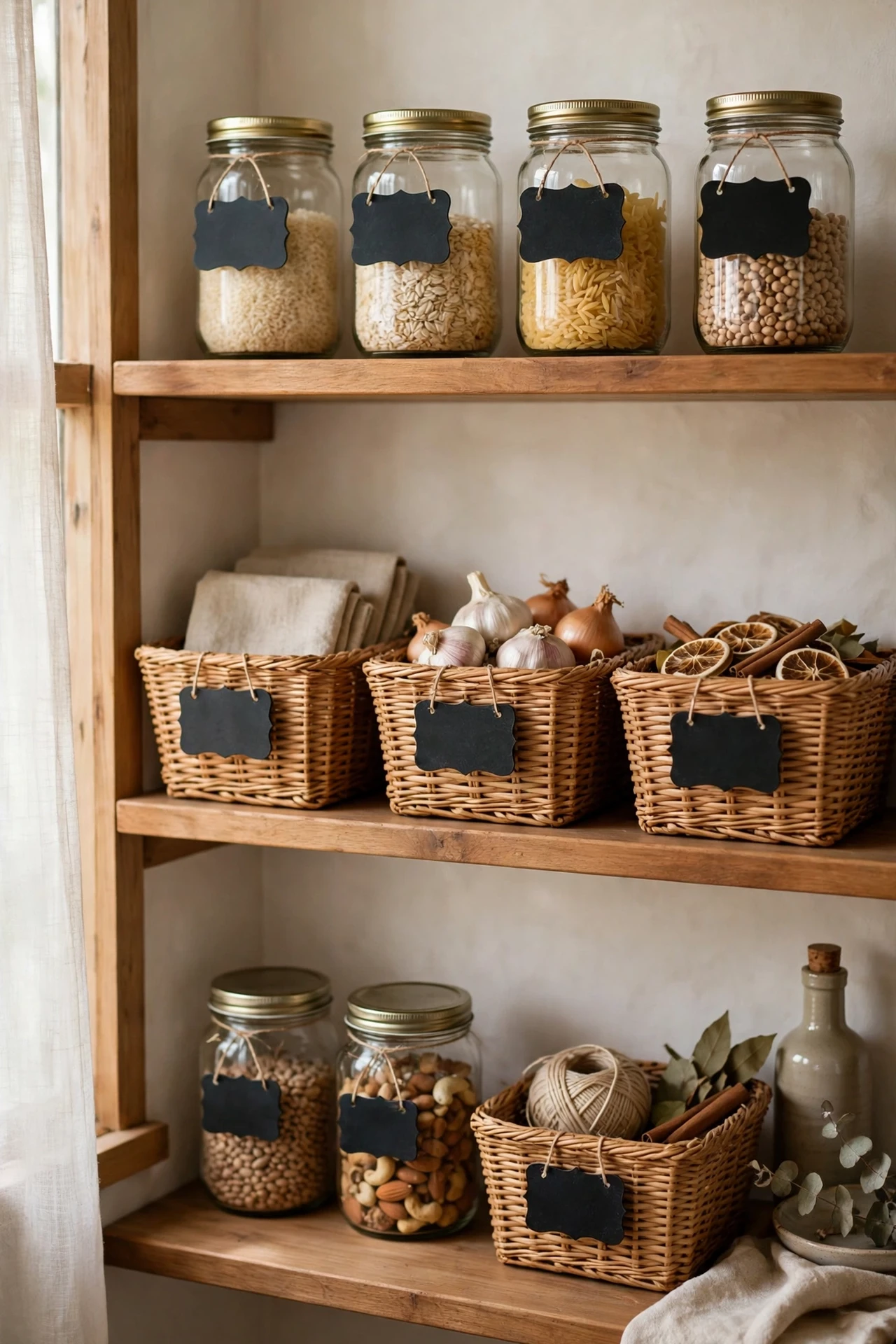 Chalkboard labels on matching pantry containers and baskets