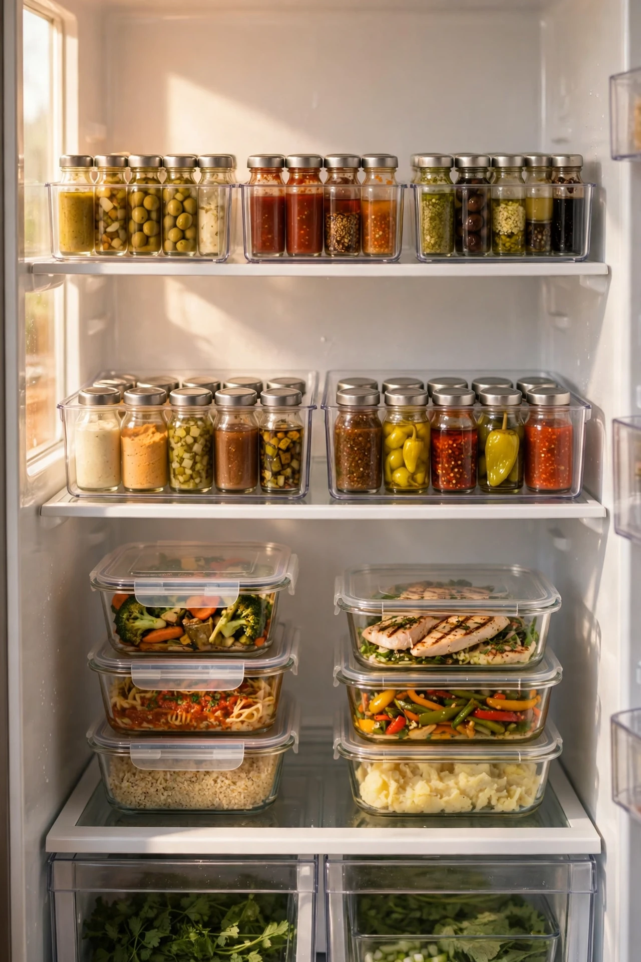 Clear bins organizing condiments inside a fridge