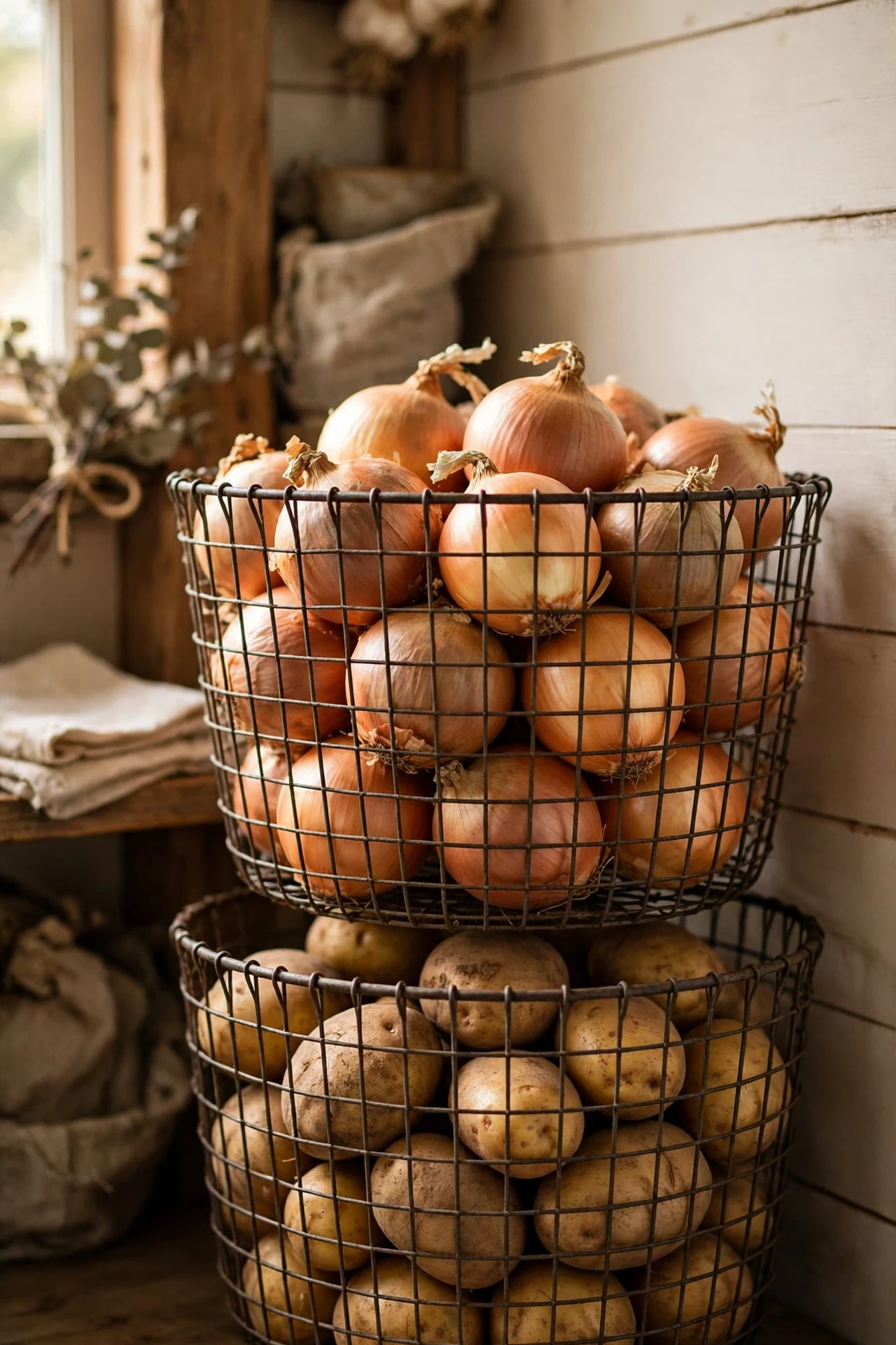 Wire baskets holding onions and potatoes in pantry