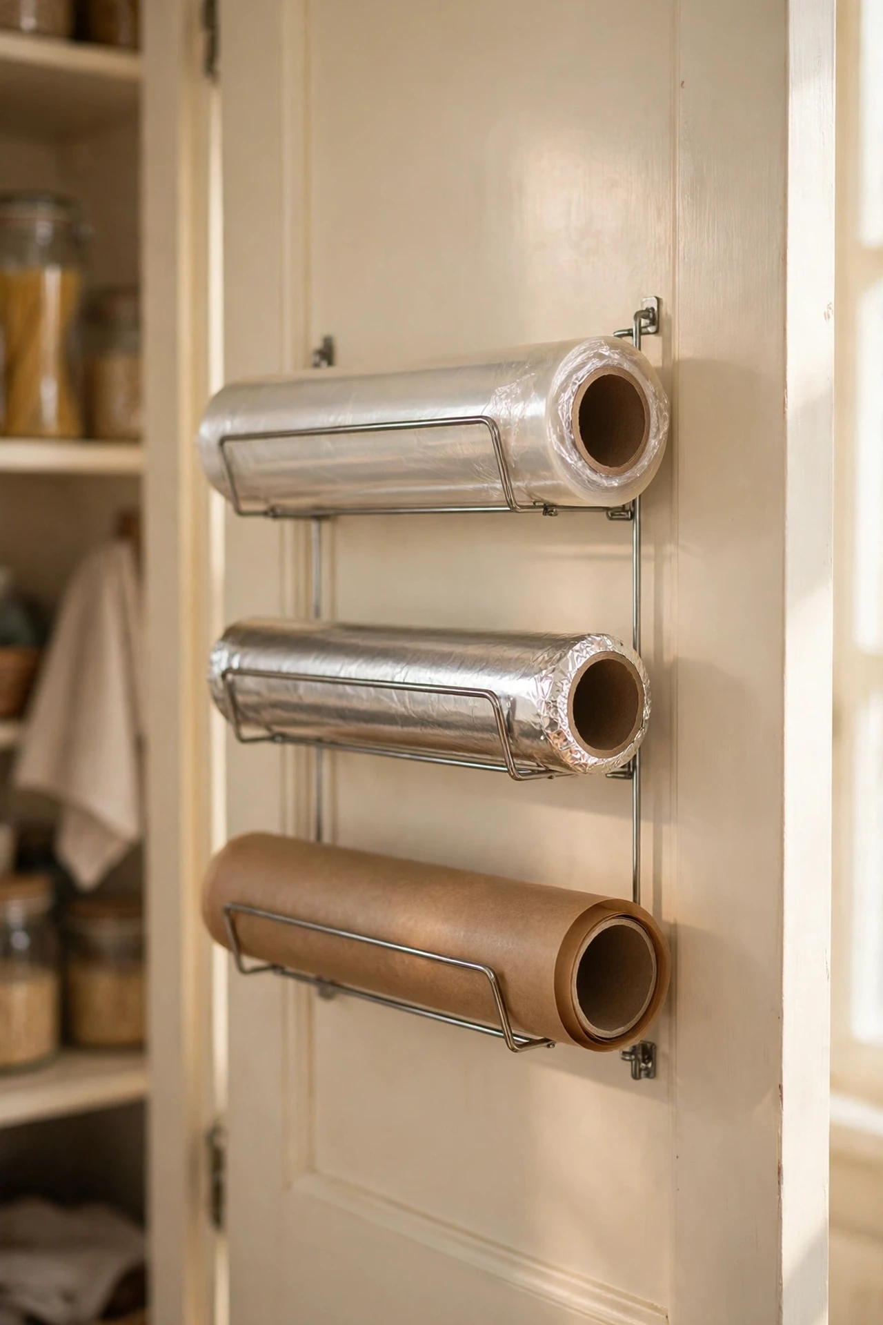 Wire rack on pantry door holding wraps and foil