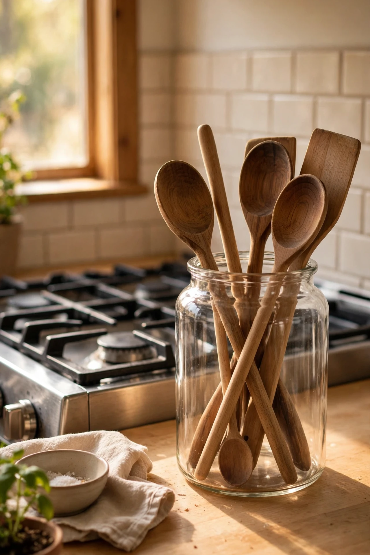 Glass canister with wooden spoons and spatulas by the stove