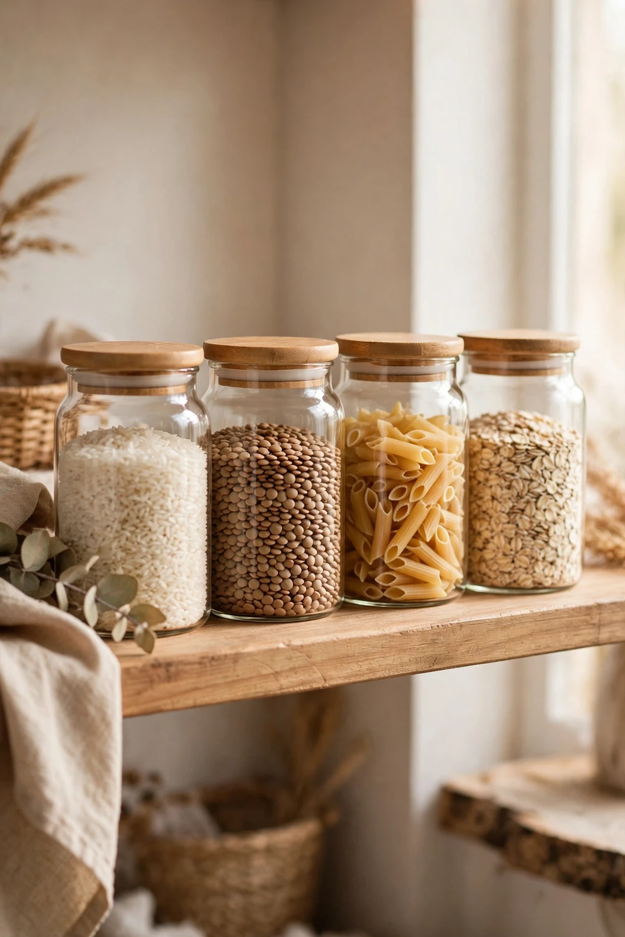 Matching small jars with rice lentils and pasta on shelf