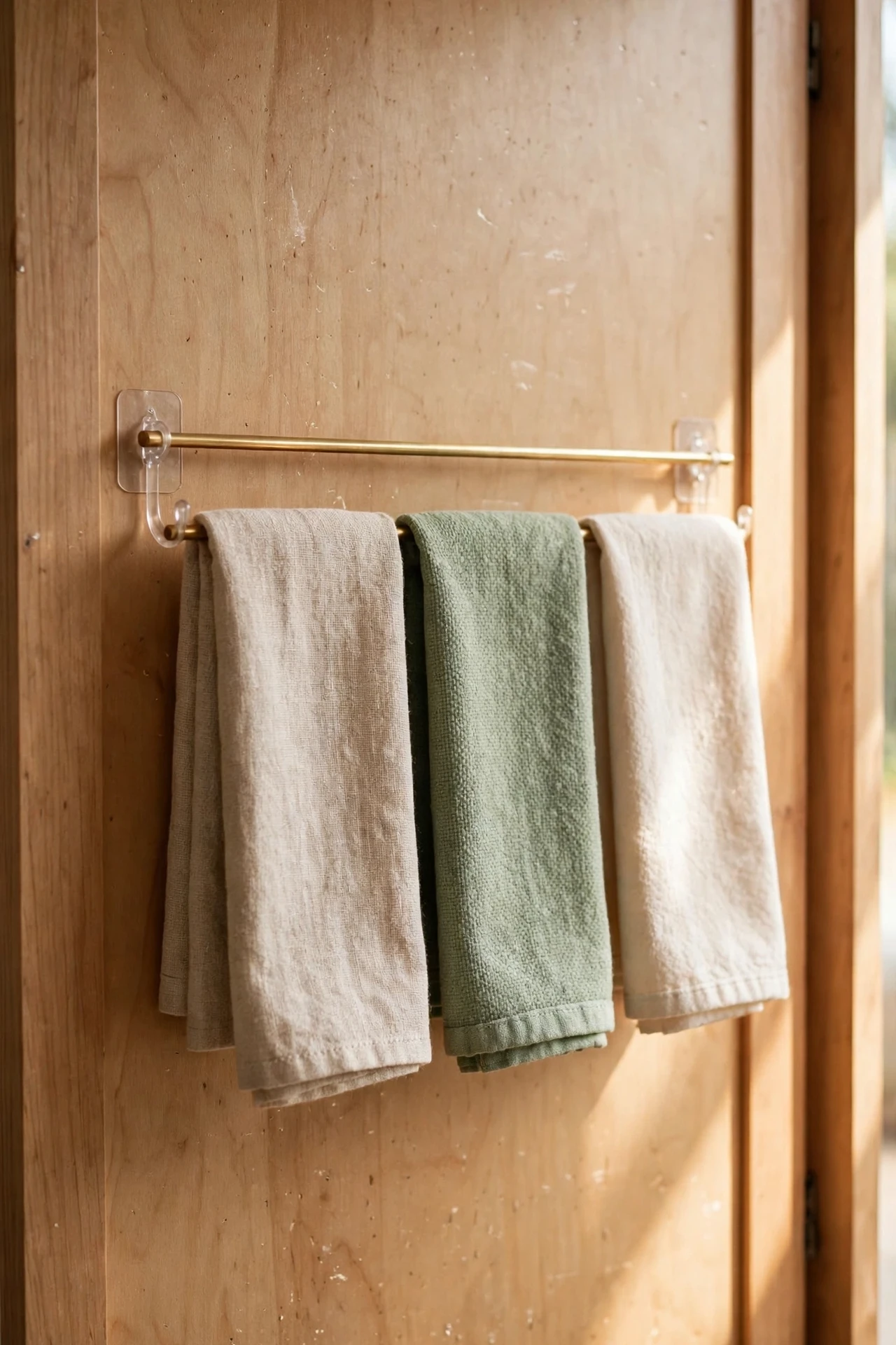 Dish towels hanging on a bar inside cabinet door