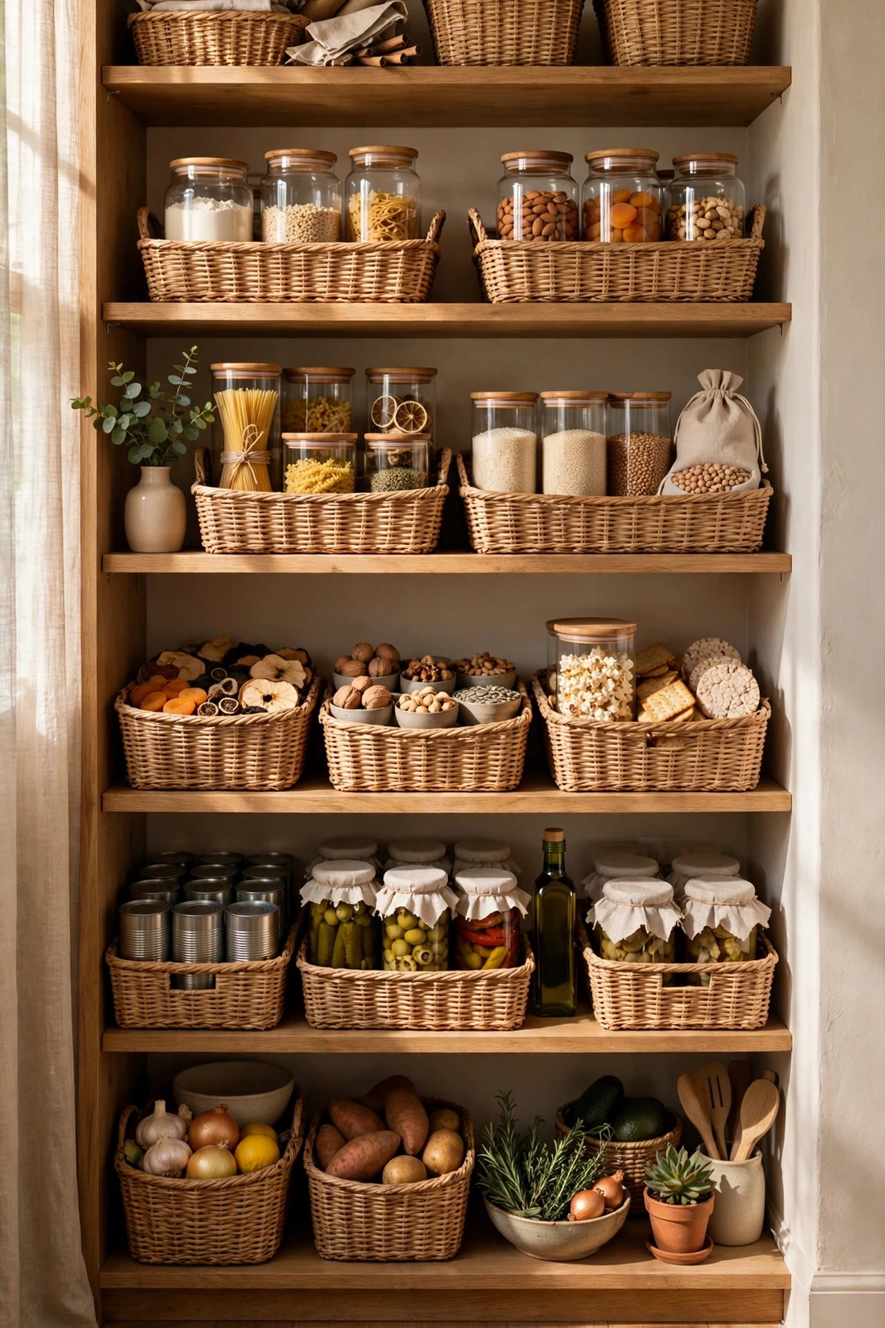 Labeled zone baskets organizing pantry shelves by category