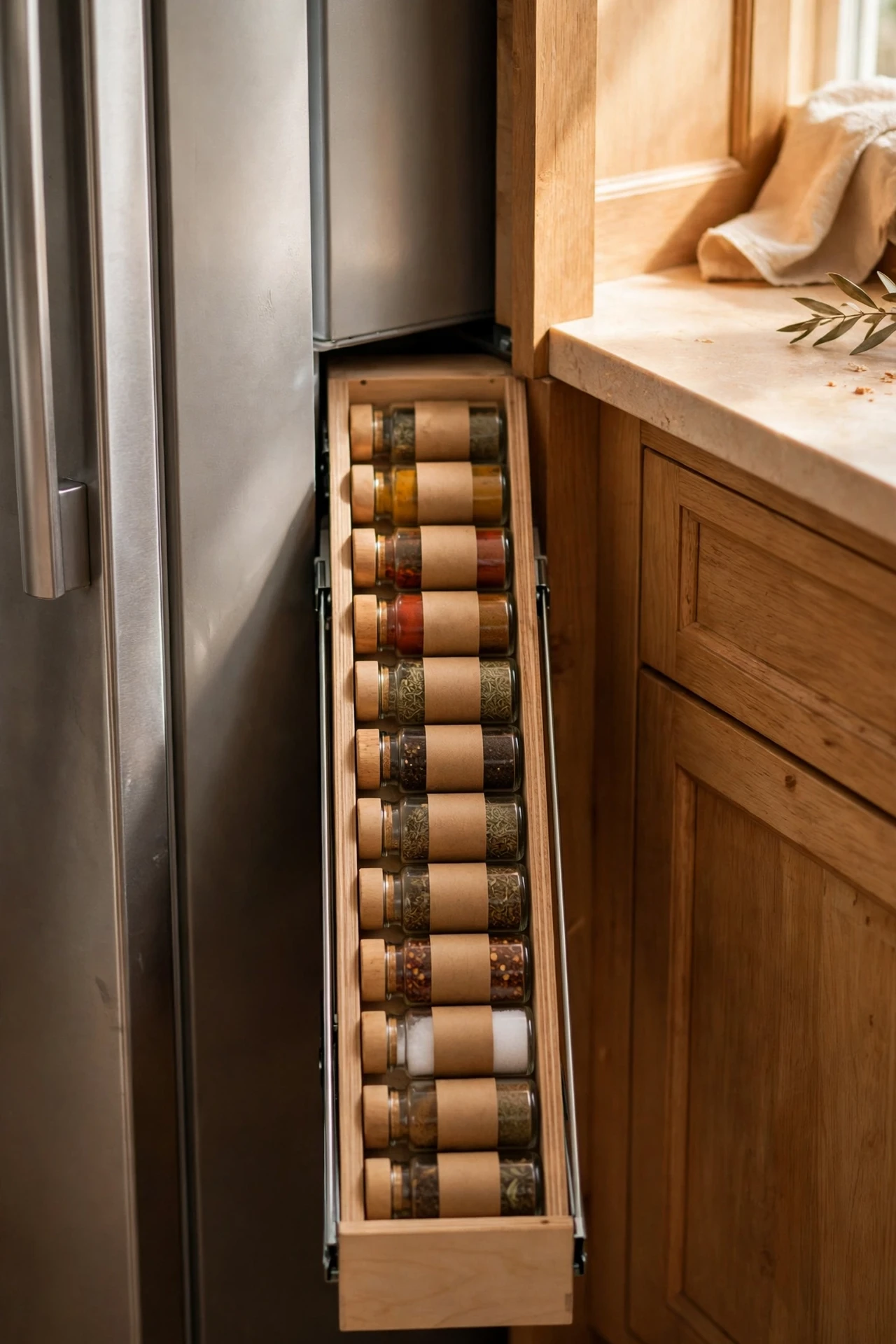 Slim bin with spice bottles in the gap beside fridge