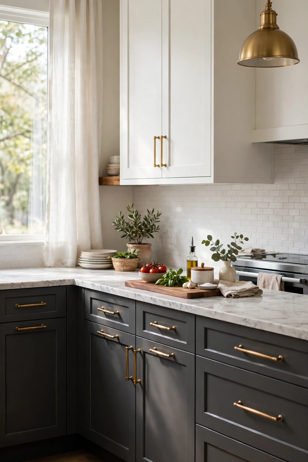 Charcoal lower cabinets with white upper cabinets in kitchen