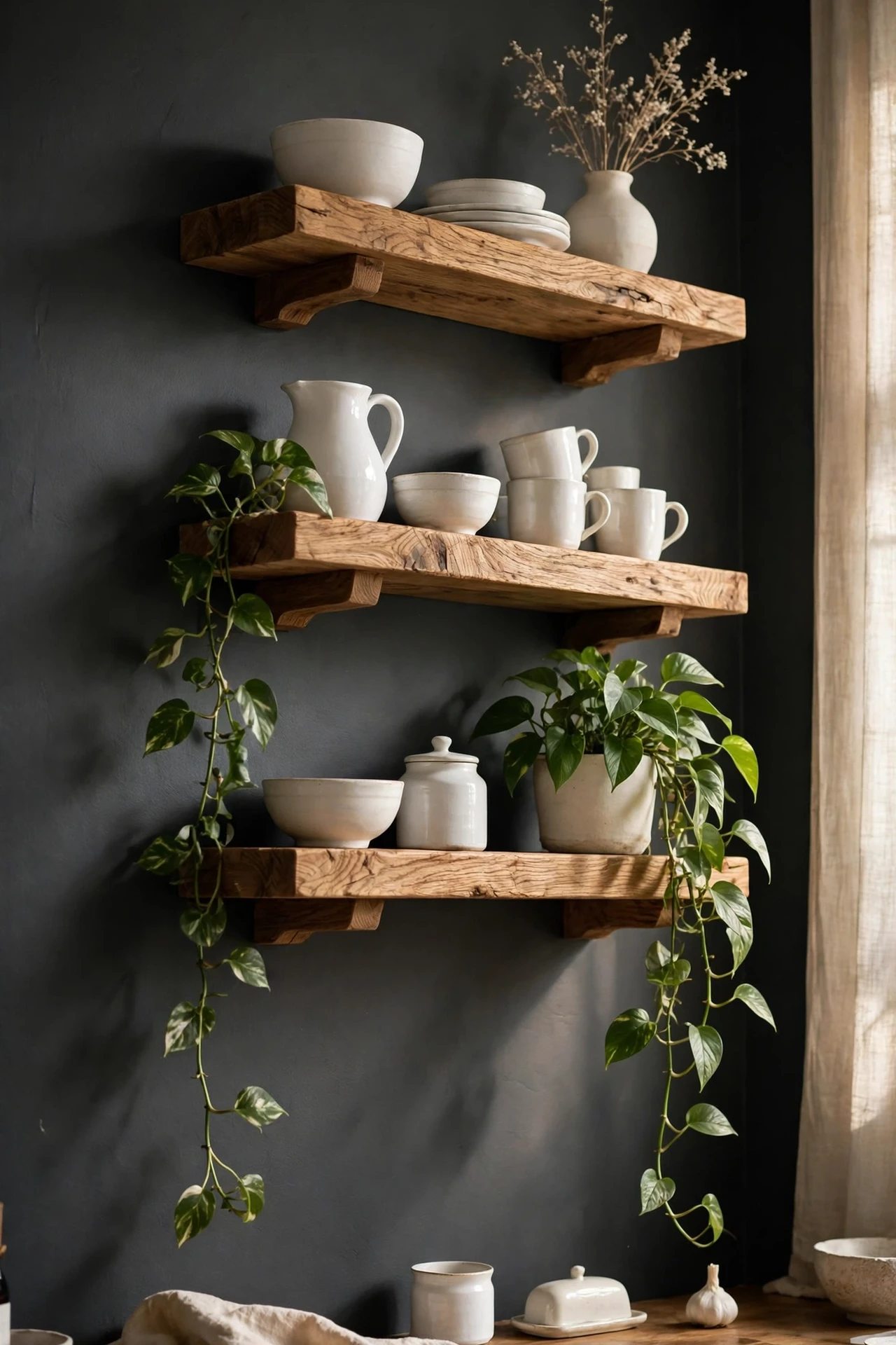 Charcoal gray wall with open wooden shelves and white ceramics