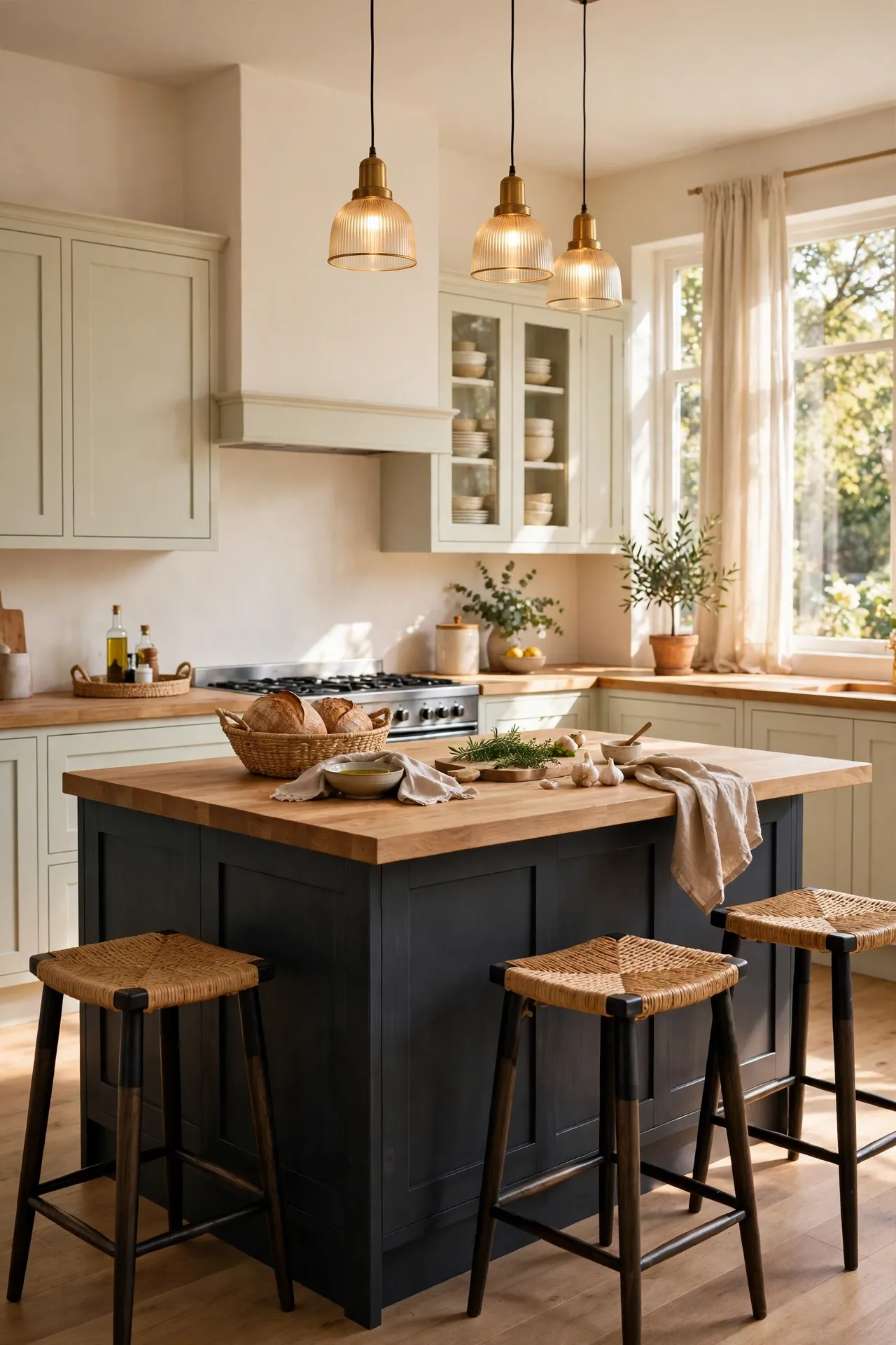 Charcoal gray kitchen island in a light kitchen