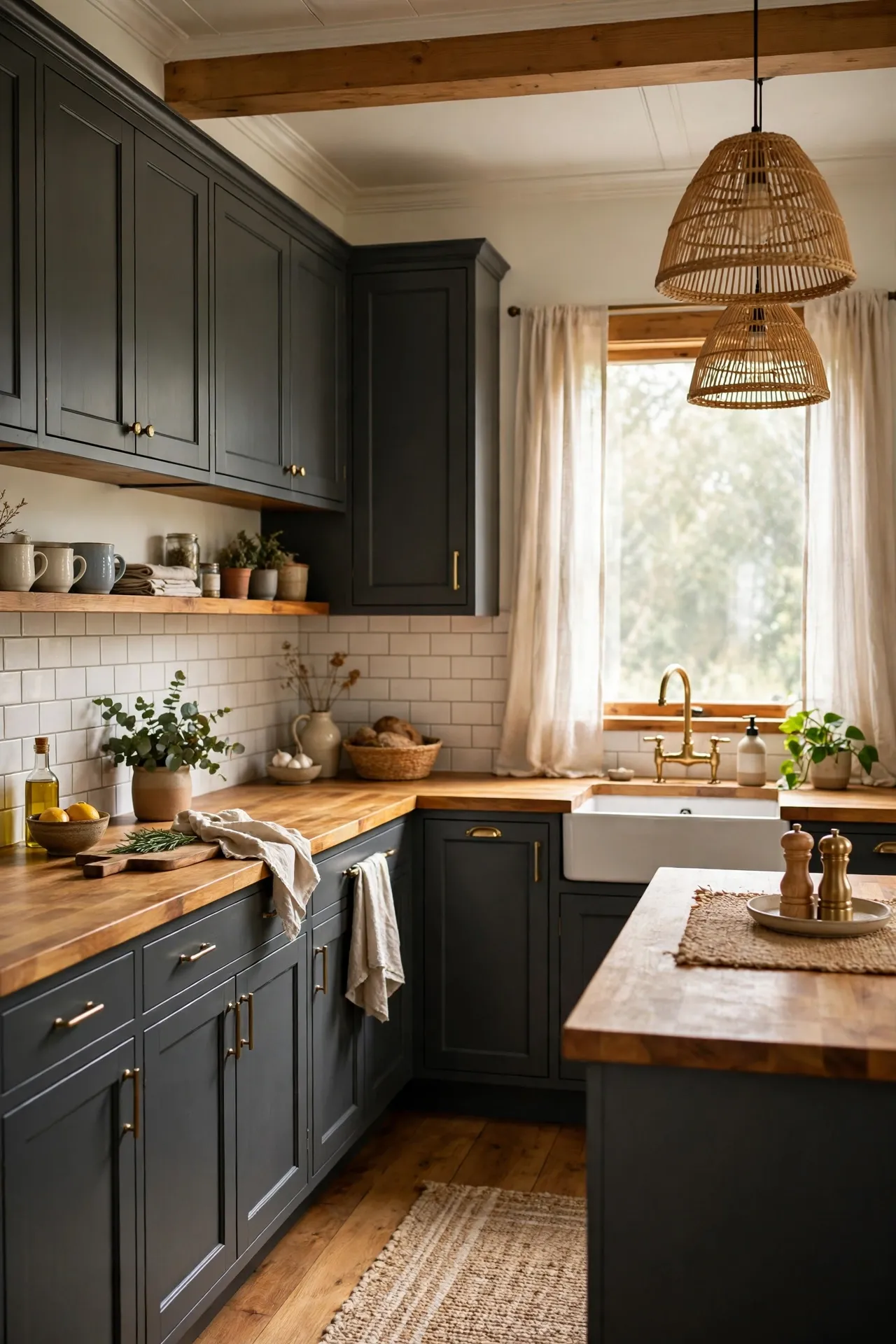 Charcoal cabinets with warm butcher block wooden counters