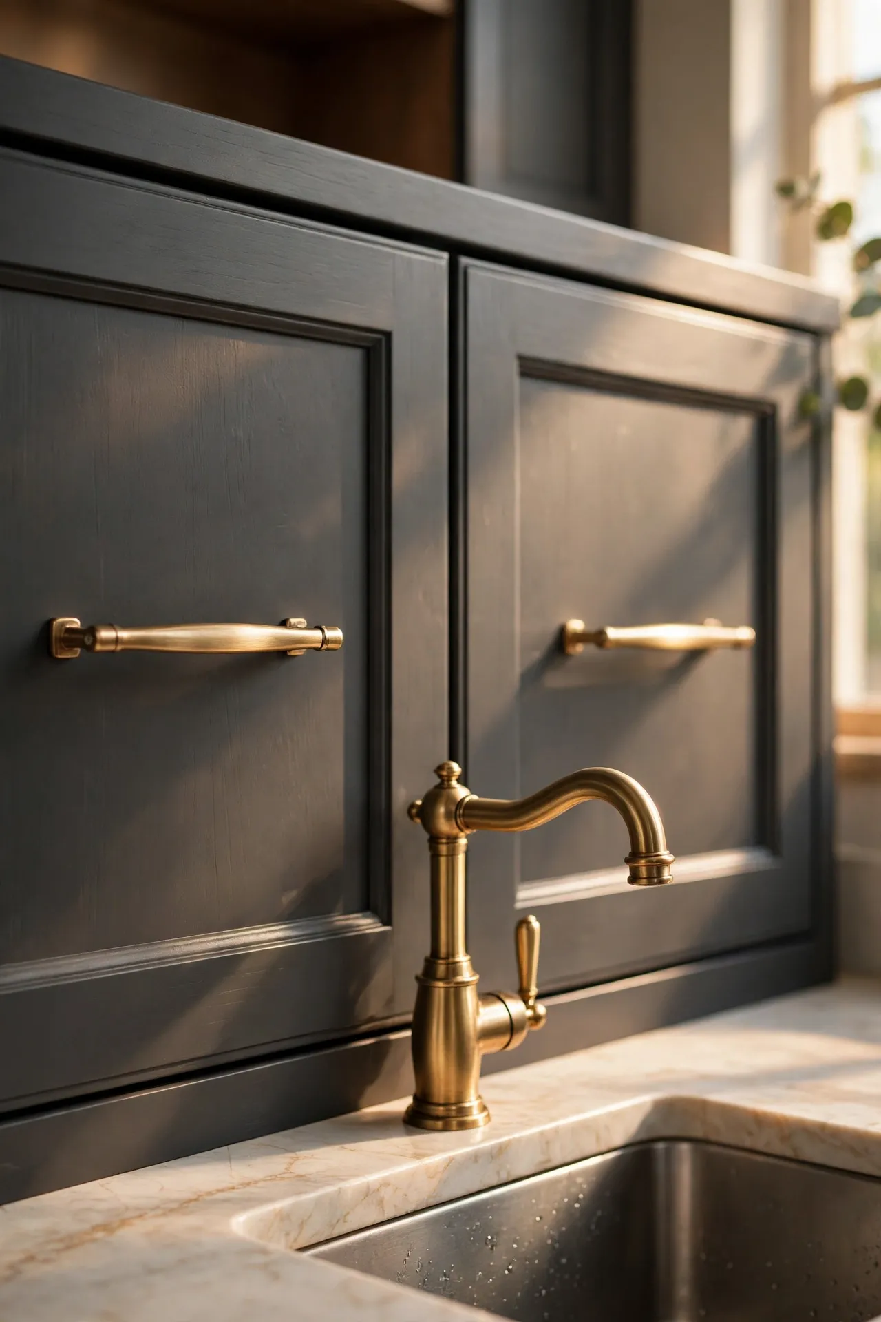 Brushed brass handles and tap on charcoal kitchen cabinets