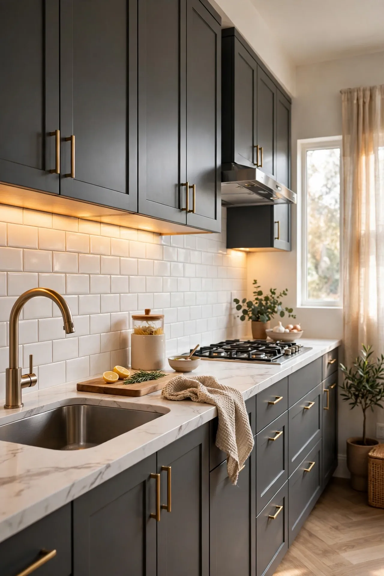 Marble-look laminate counters with charcoal gray kitchen cabinets
