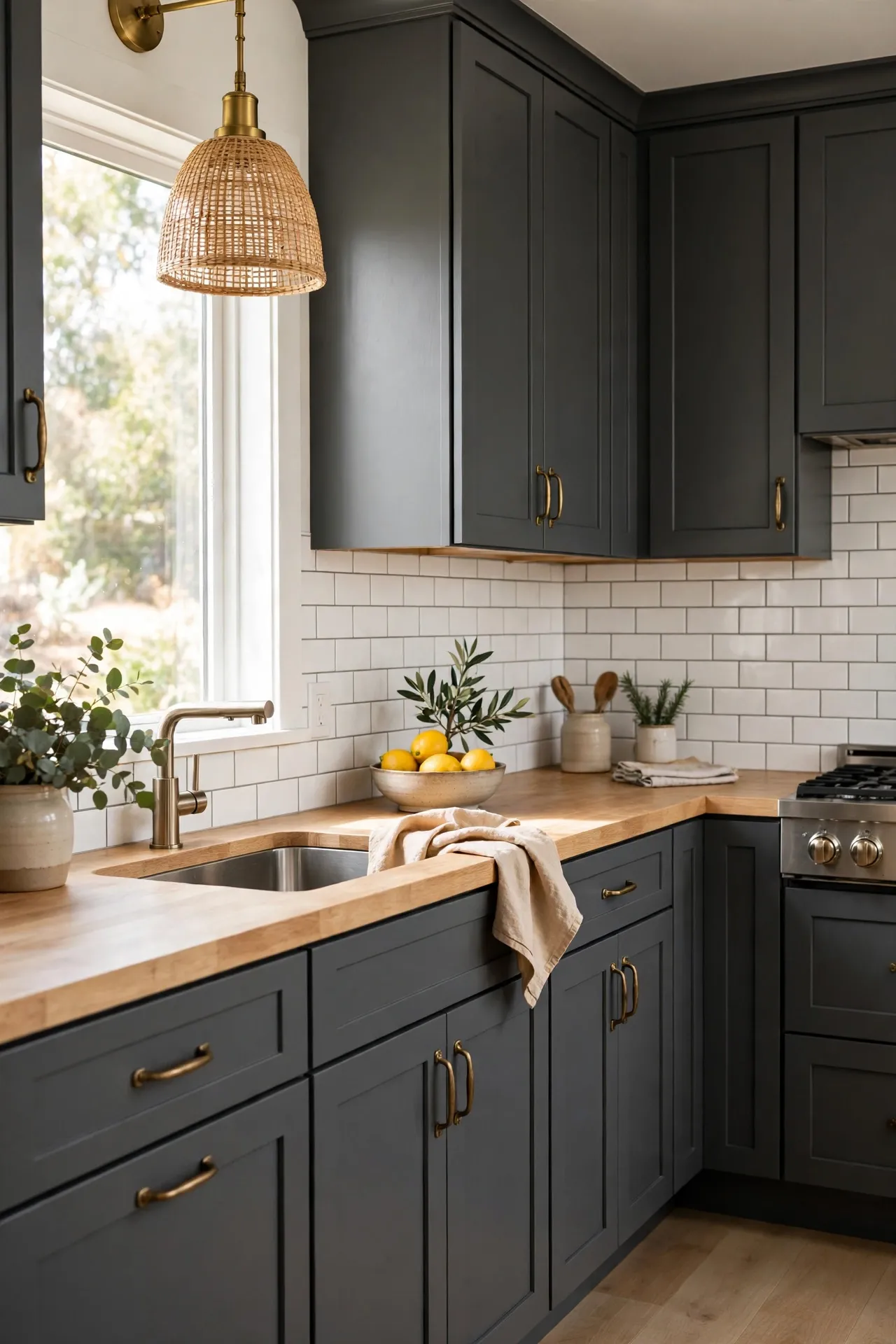 White subway tile splashback behind charcoal kitchen cabinets