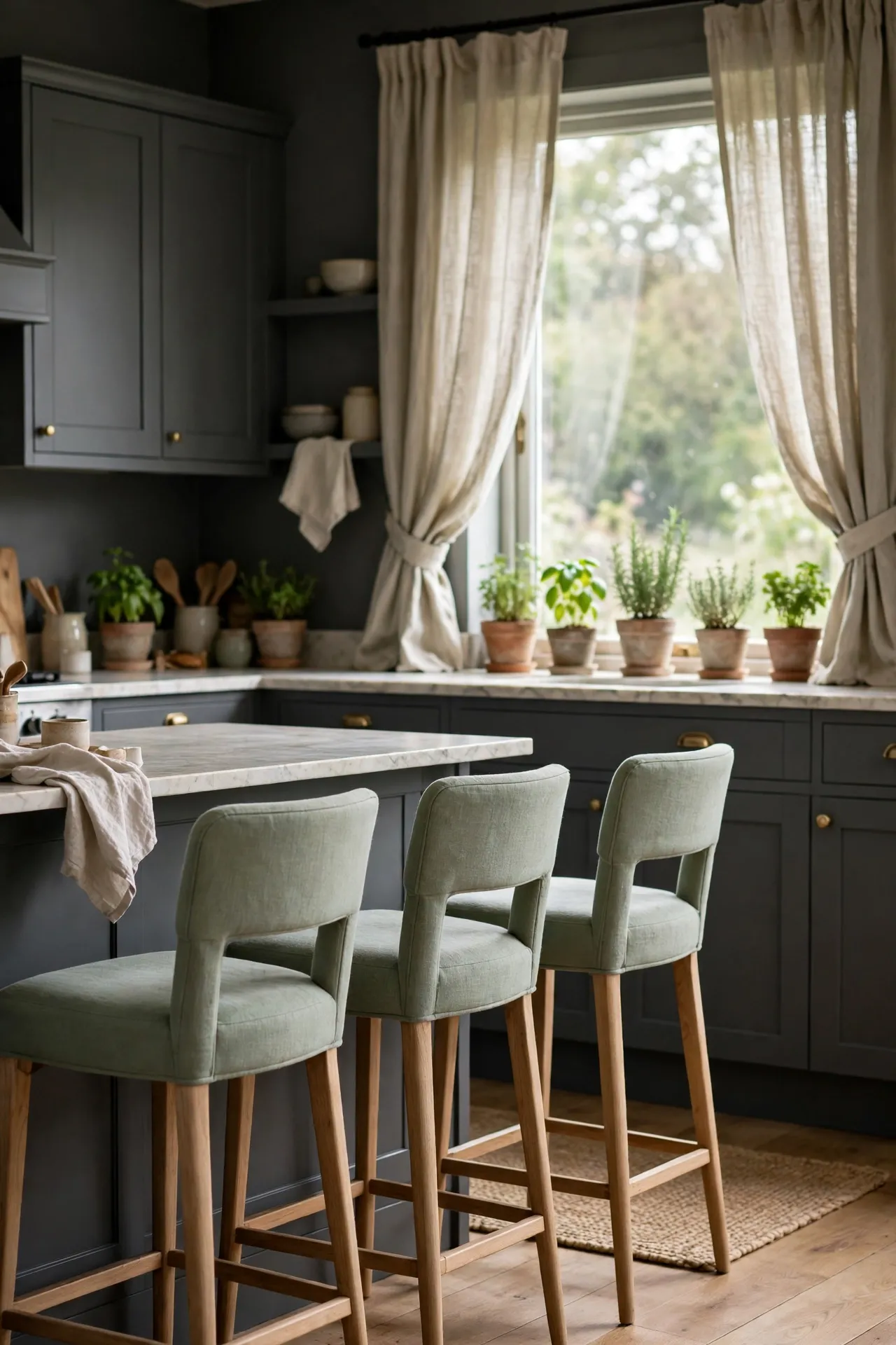 Charcoal kitchen with sage green stools and linen curtains