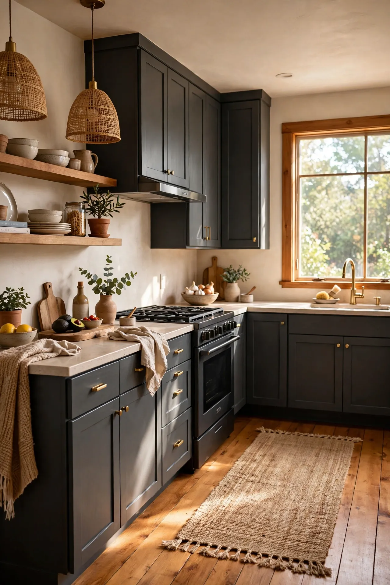 Charcoal kitchen warmed by honey-toned wood floors