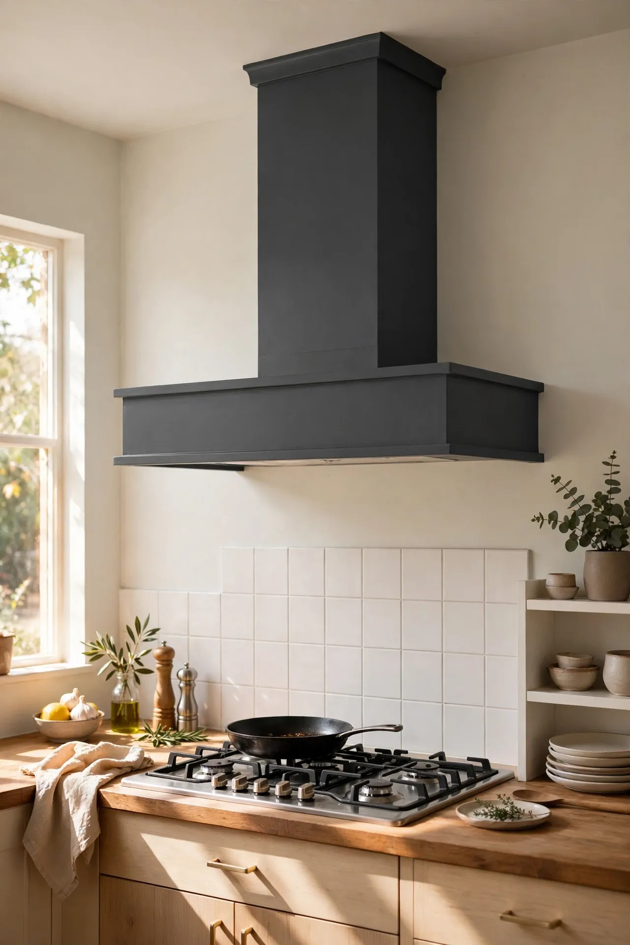 Charcoal painted range hood as kitchen focal point