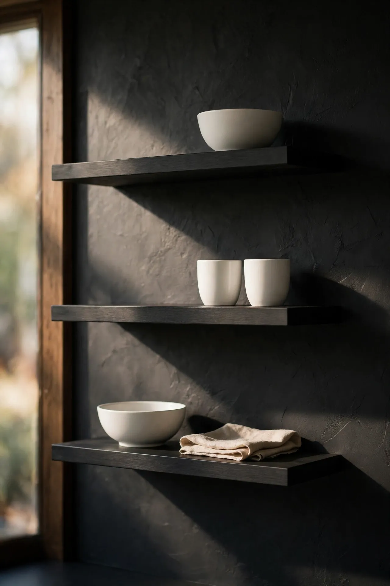Charcoal floating shelves styled with white dishes