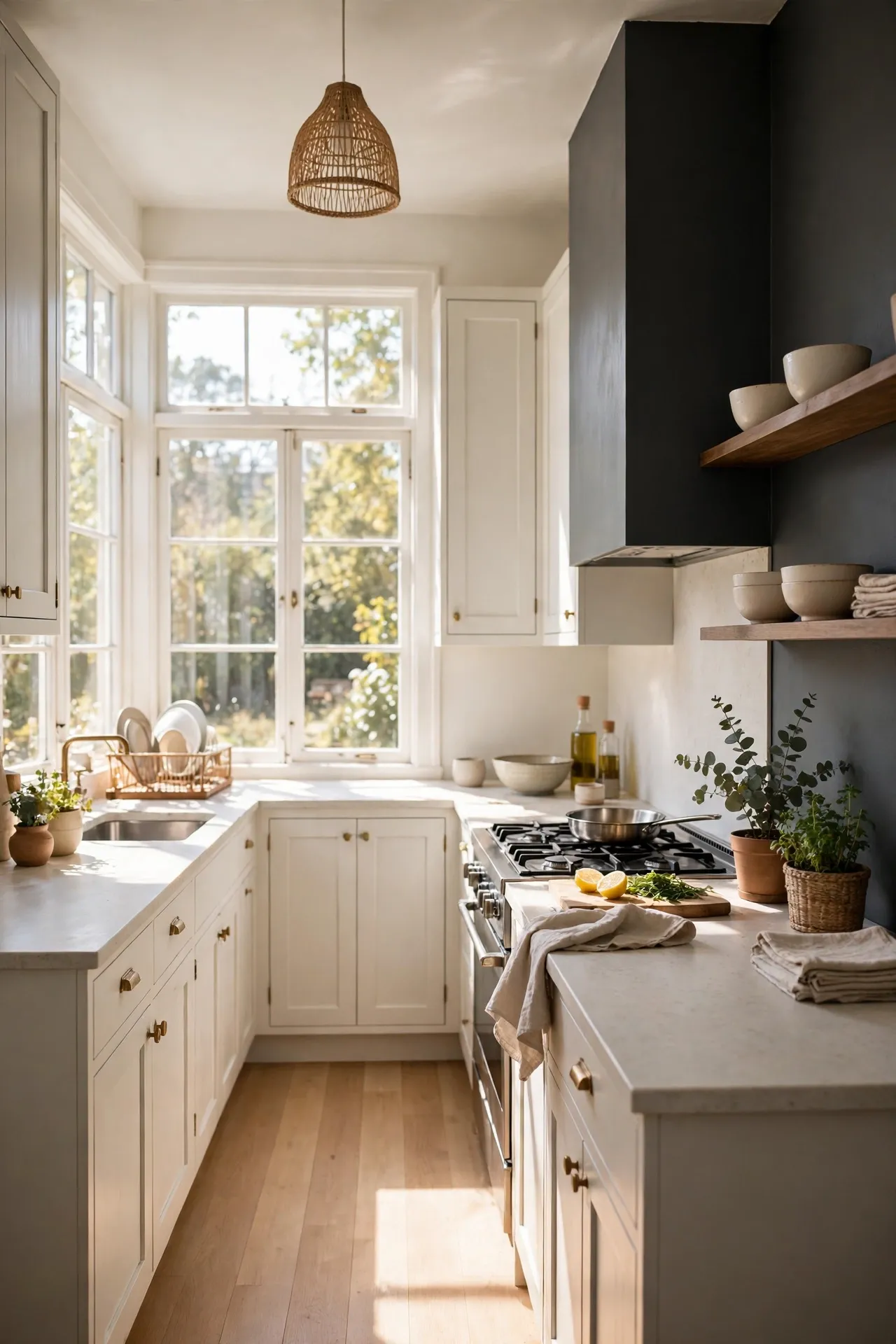 Small kitchen with single charcoal accent wall and pale surfaces
