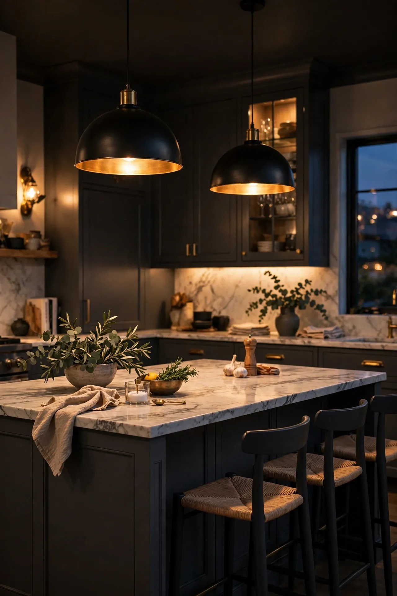 Black and brass pendant lights over charcoal kitchen island