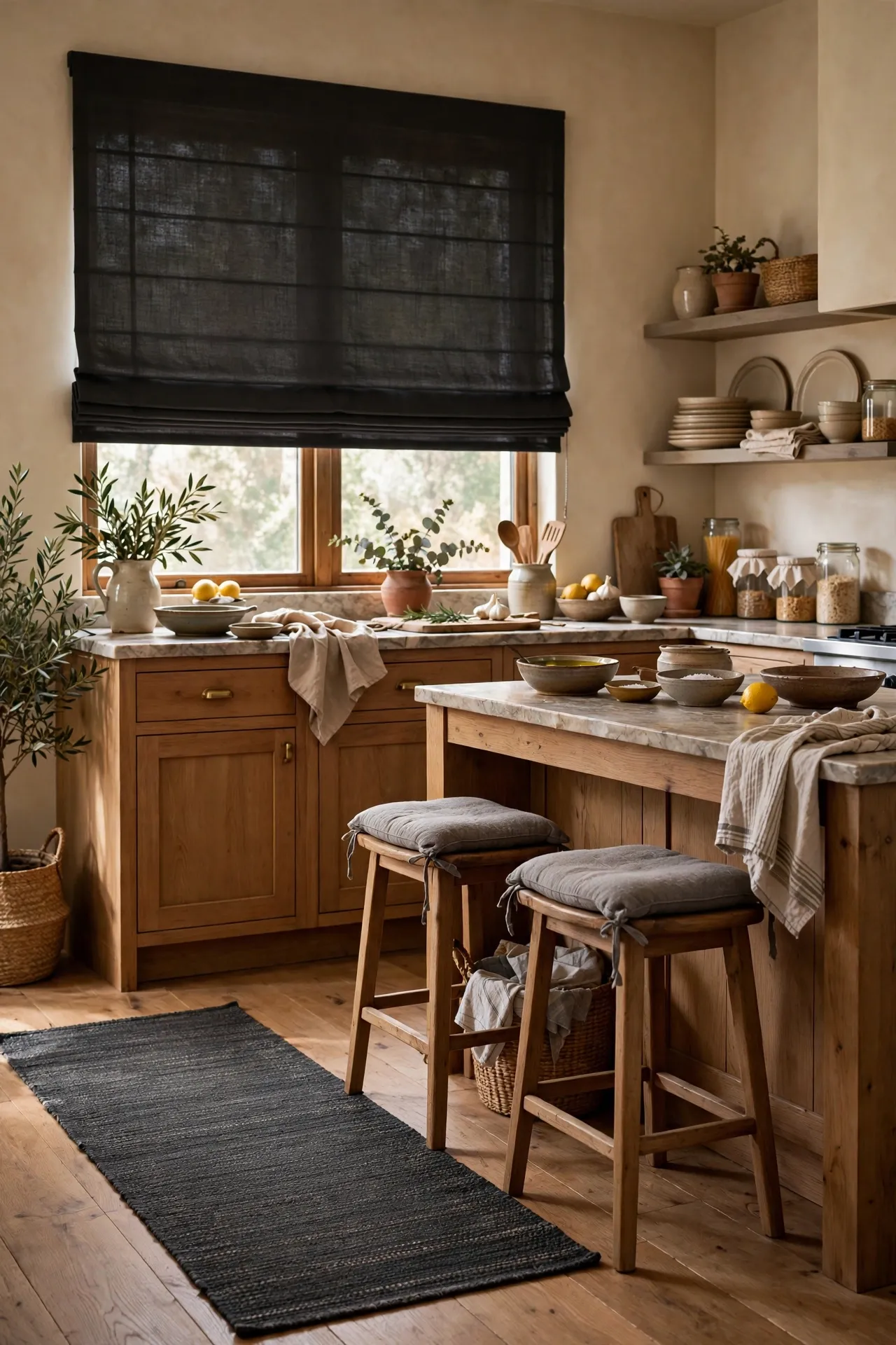 Charcoal runner rug and Roman blinds in gray kitchen