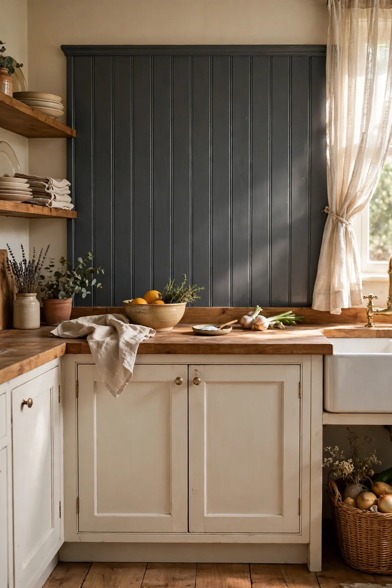 Charcoal painted beadboard splashback in kitchen