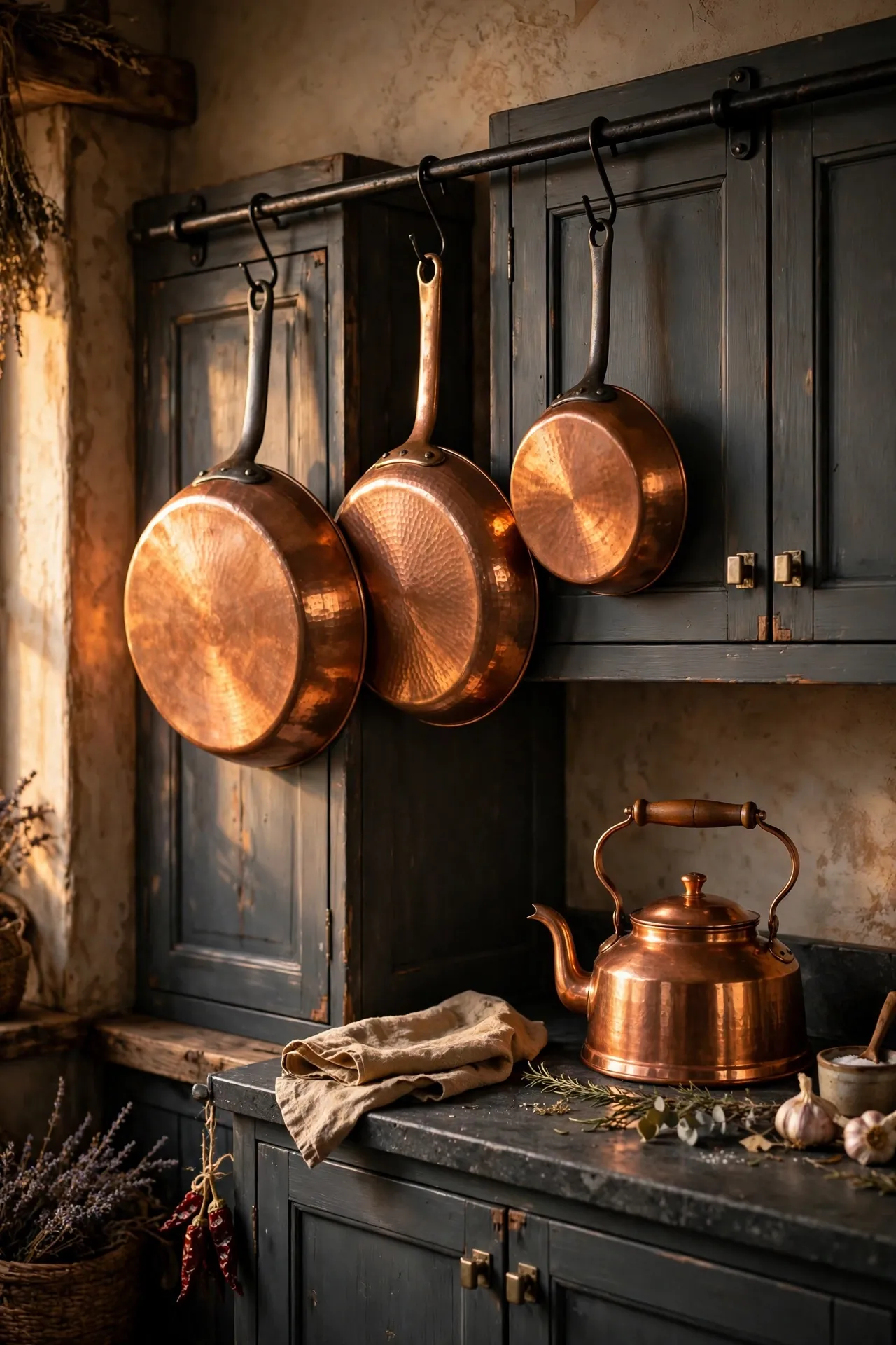 Copper pans and kettle glowing against charcoal cabinets