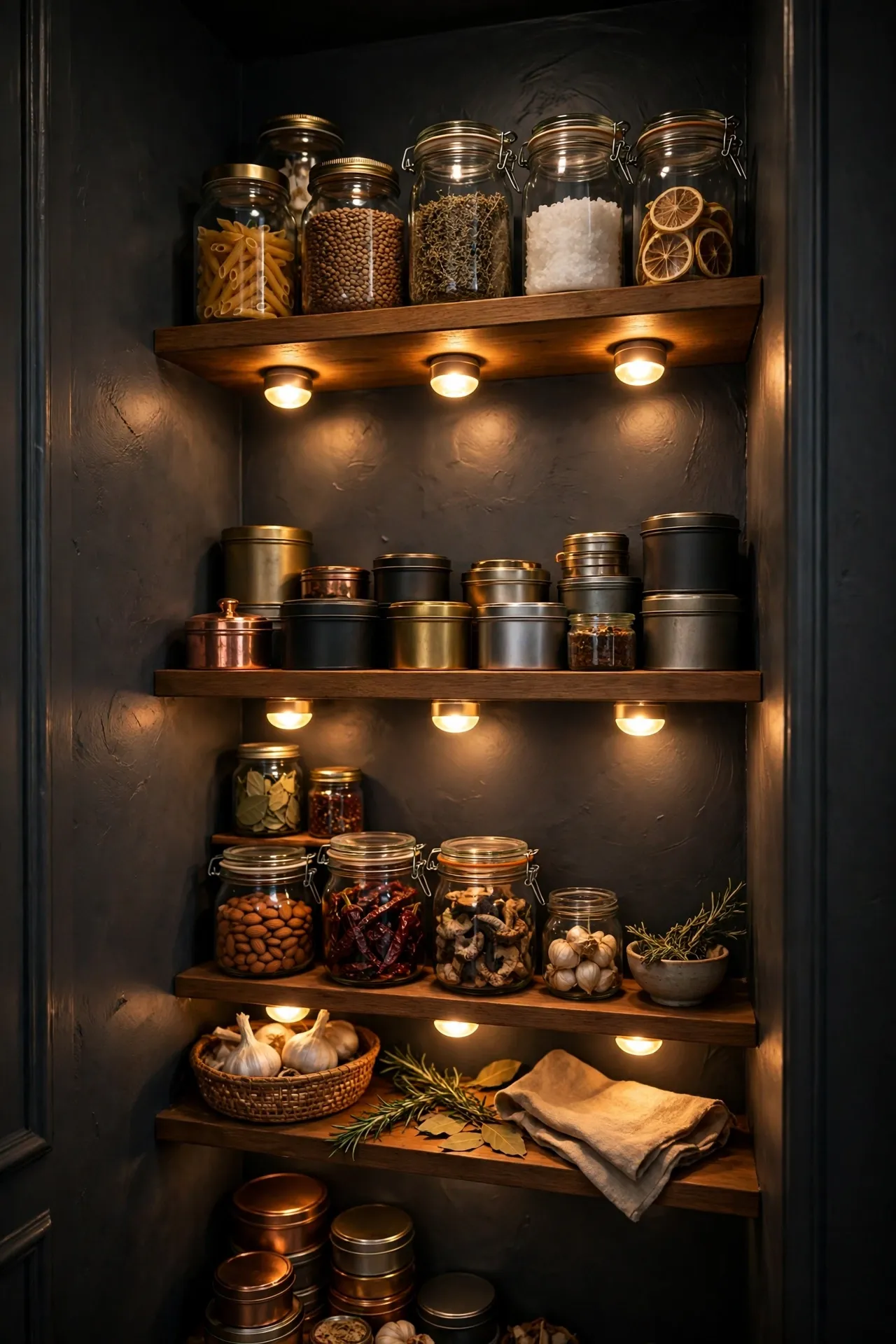 Pantry interior painted charcoal with glowing shelf lights