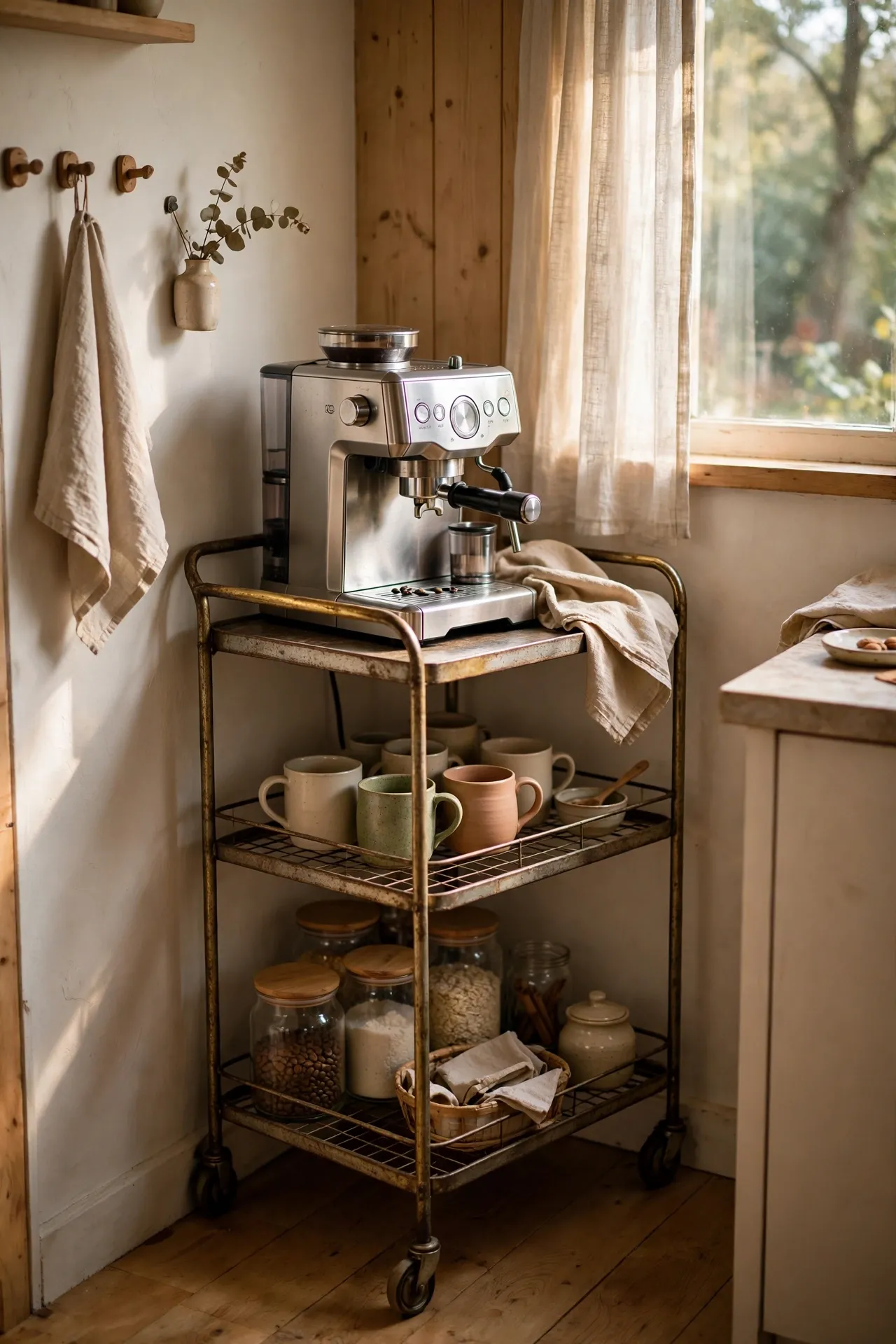 Thrifted metal bar cart styled as a budget coffee station, coffee bar ideas on a budget