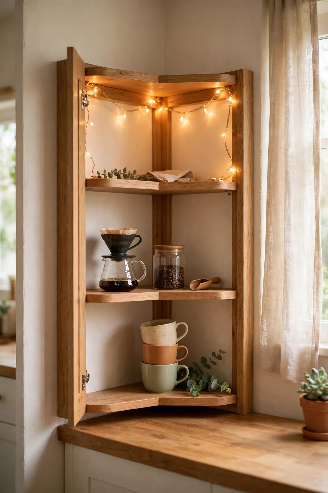 Corner kitchen cabinet converted into a tiny coffee nook, budget coffee bar ideas