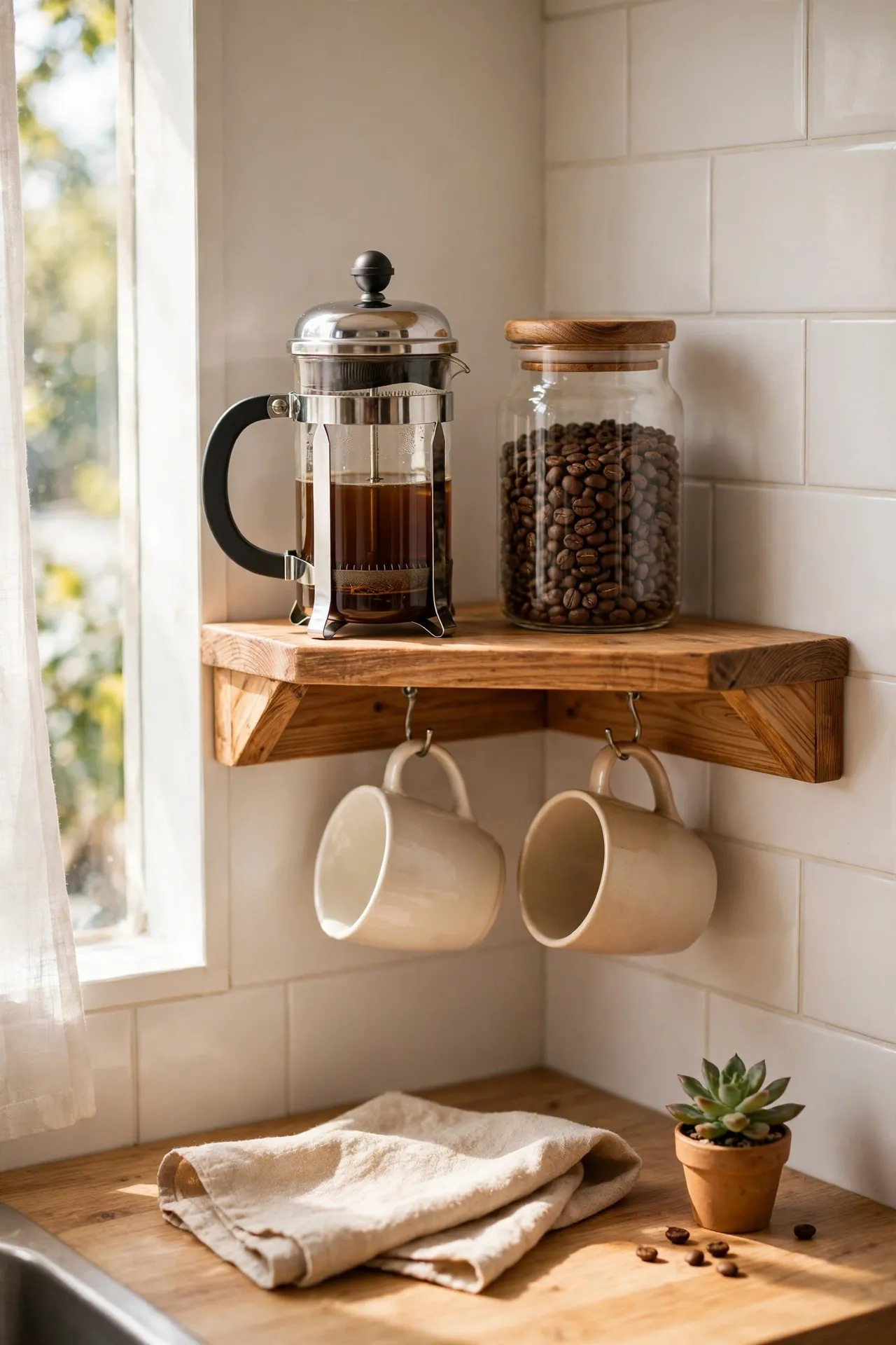 Single floating corner shelf holding a mini coffee bar, small kitchen coffee station idea
