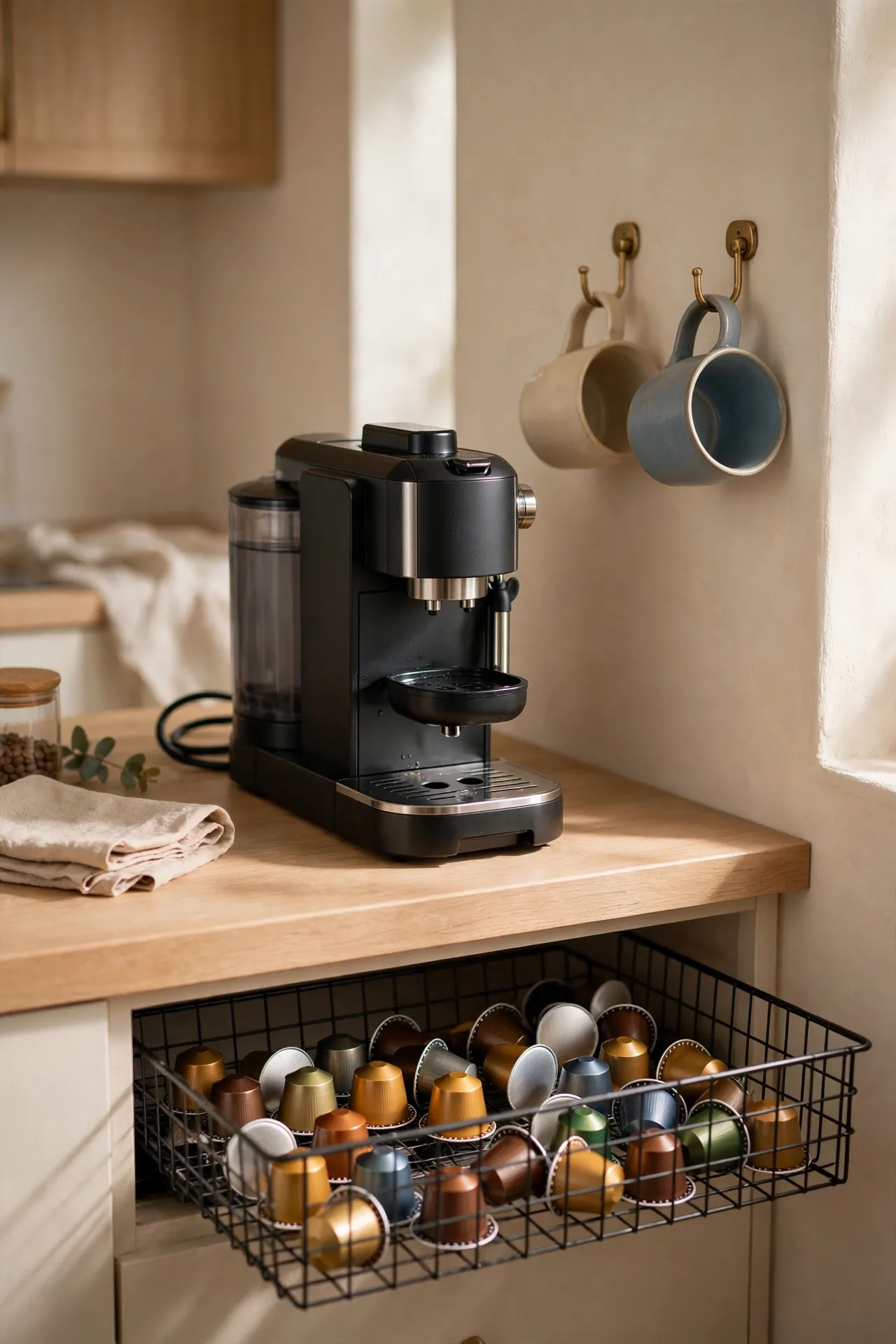 Pod espresso machine with under-machine storage drawer, budget coffee corner setup