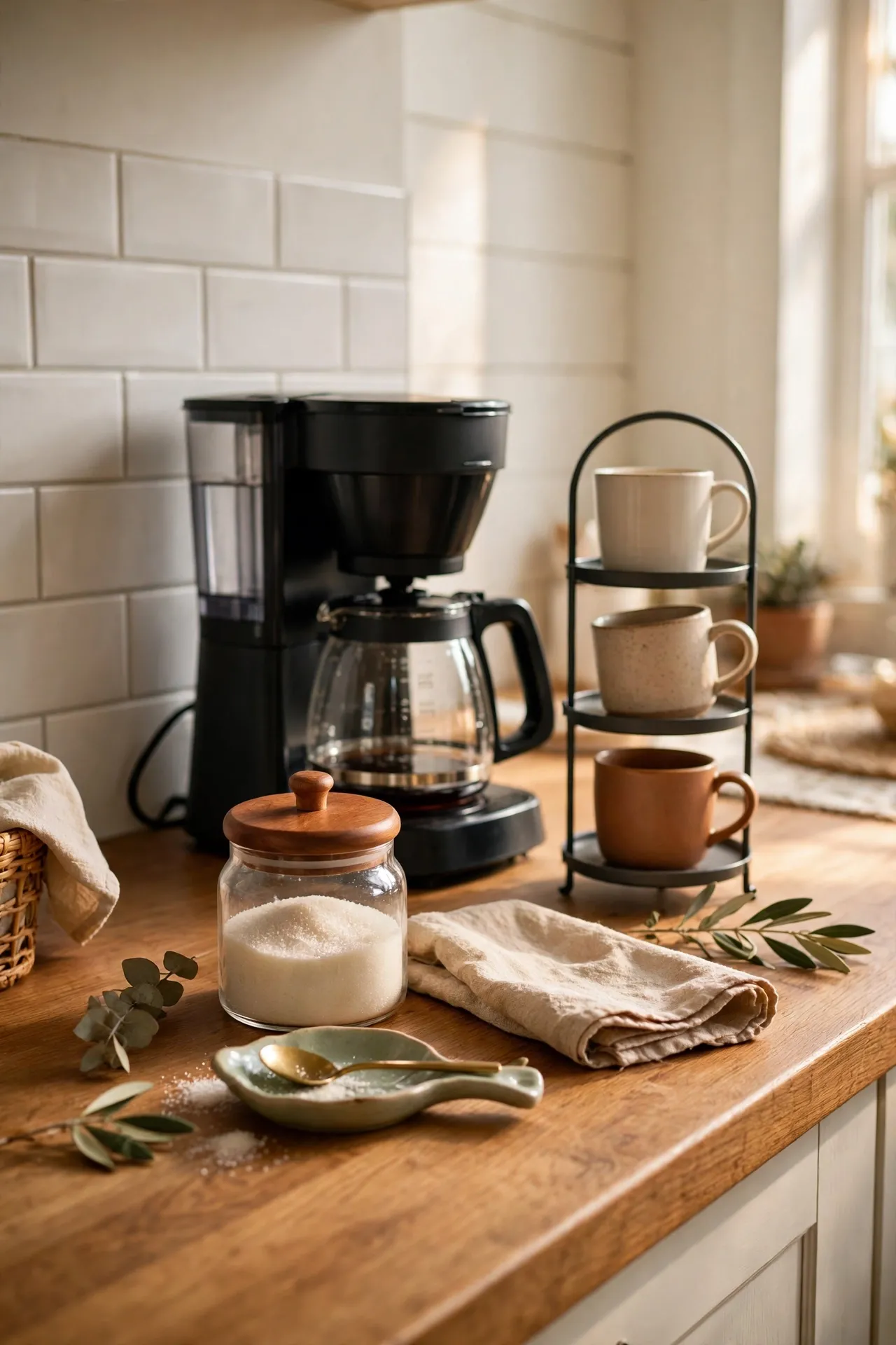 Styled breakfast counter coffee station at the end of a kitchen worktop