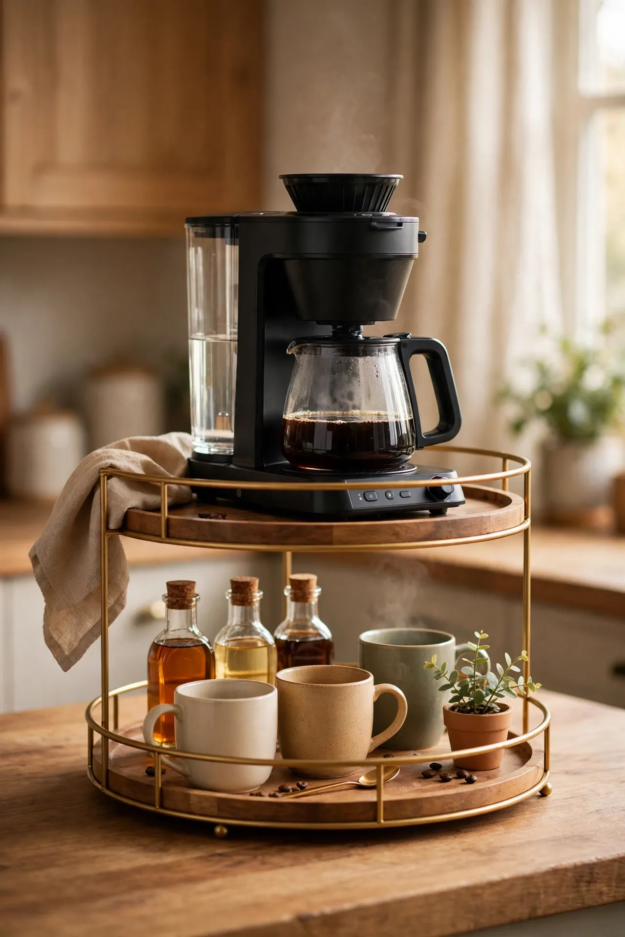 Two tiered tray coffee bar with mugs and jars on a kitchen counter