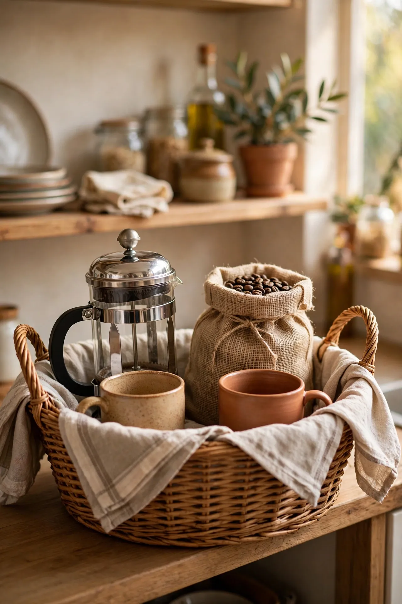 Wicker basket coffee caddy with French press and mugs, portable budget coffee bar