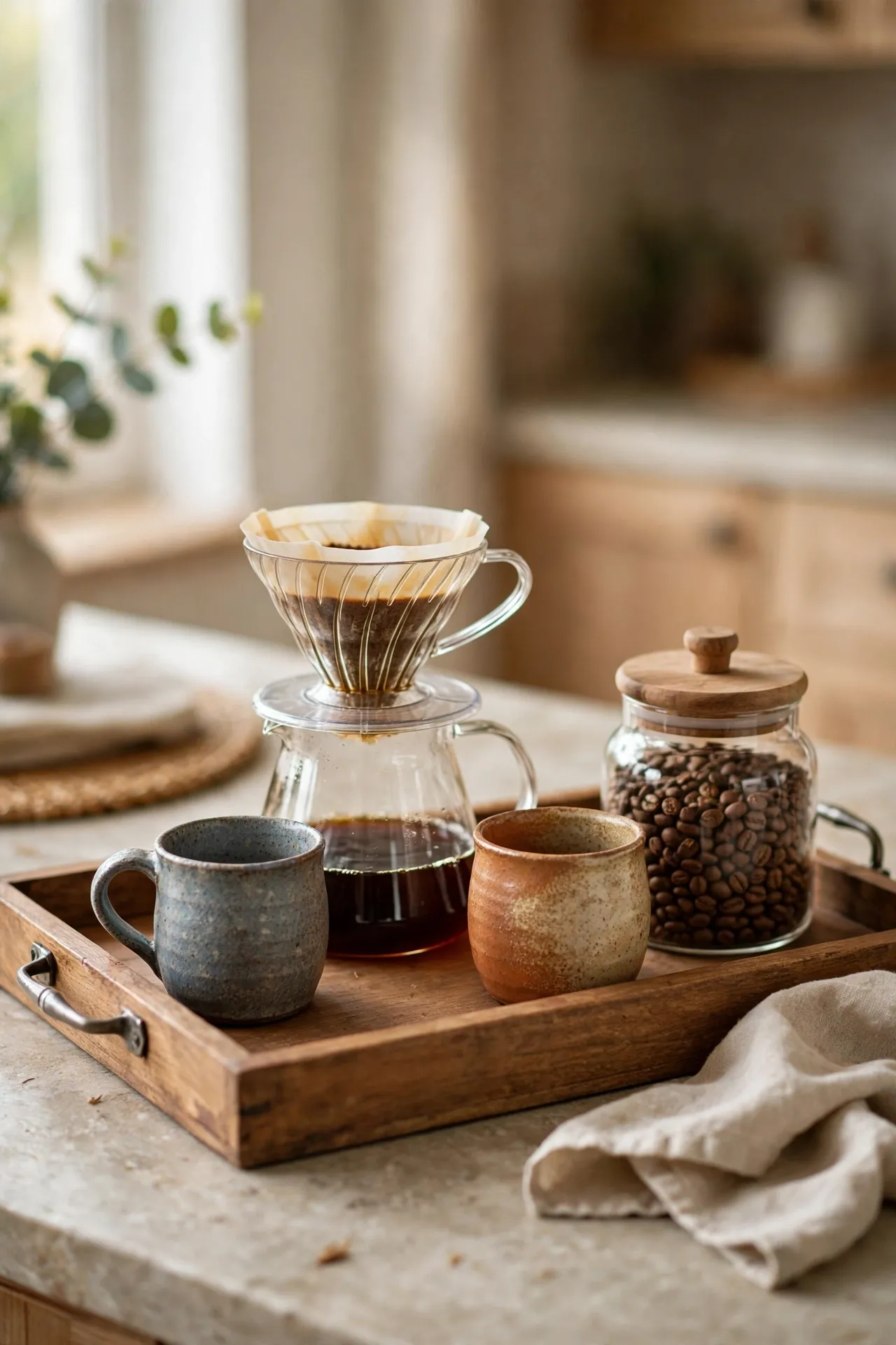 Wooden tray coffee kit with pour-over brewer and mugs, movable coffee bar idea