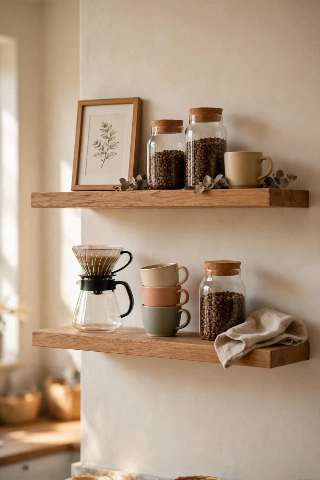 Two floating shelves styled as a coffee display above a kitchen side table