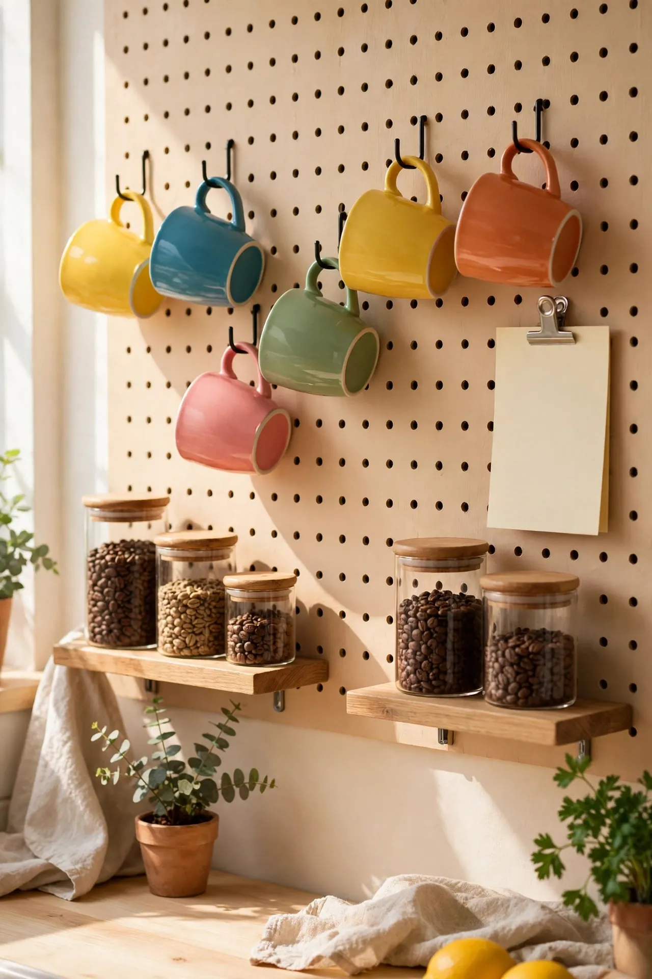 Pegboard coffee wall with hanging mugs and hooks in a small kitchen
