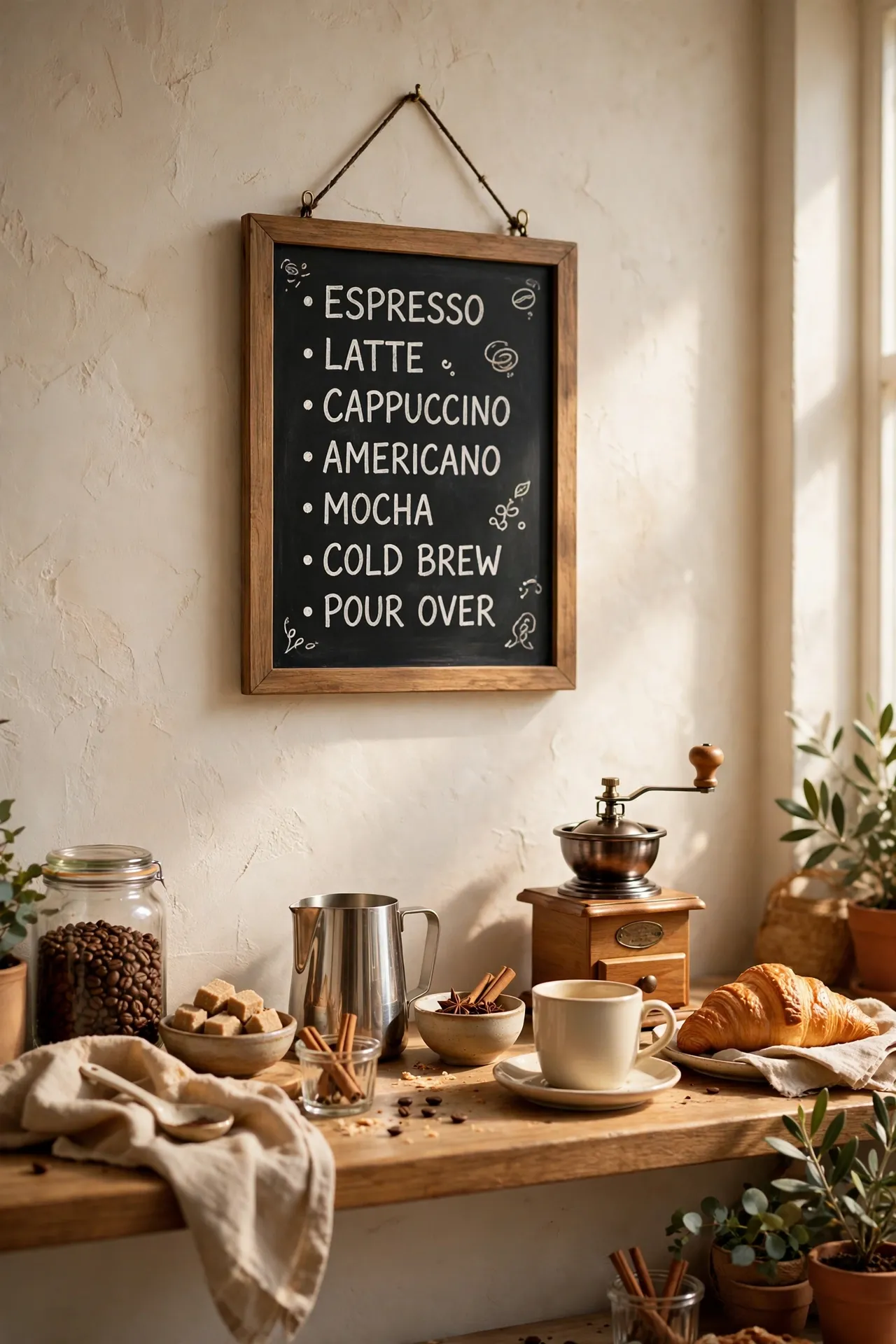 Framed chalkboard coffee menu sign hung above a home coffee bar