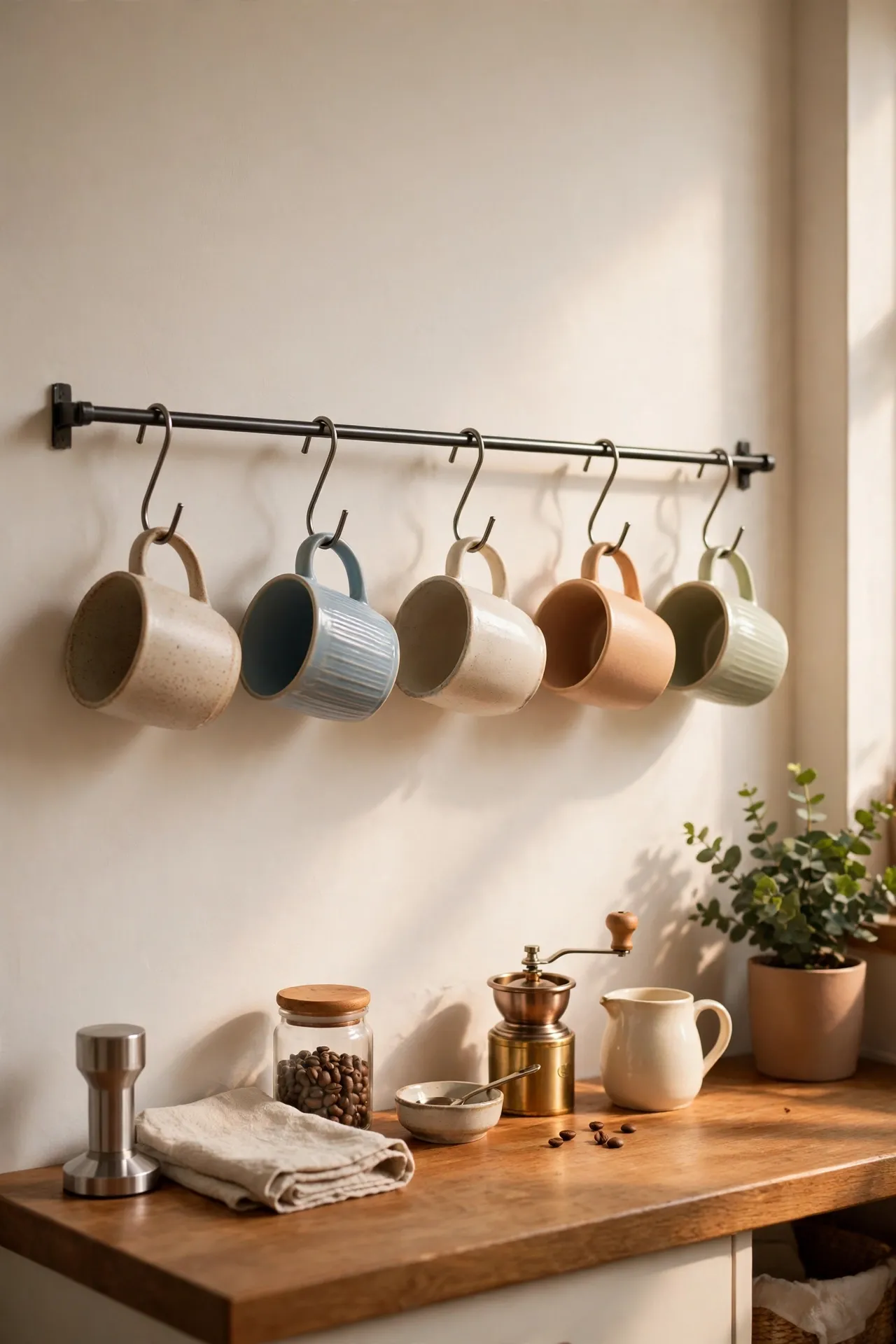 Wall rail with S-hooks displaying favourite mugs above a coffee station