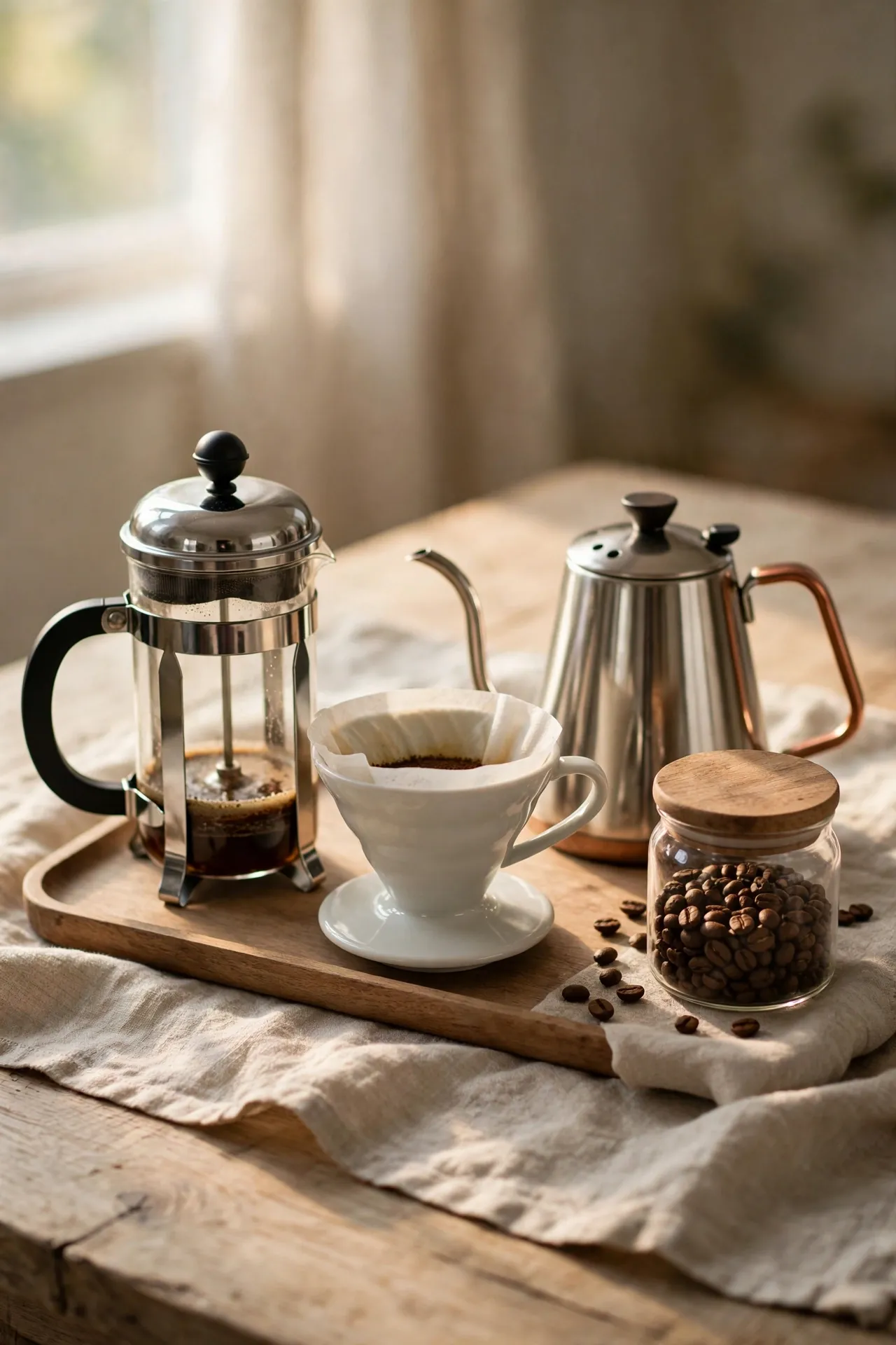 Minimal French press and pour-over coffee bar with gooseneck kettle on a tray