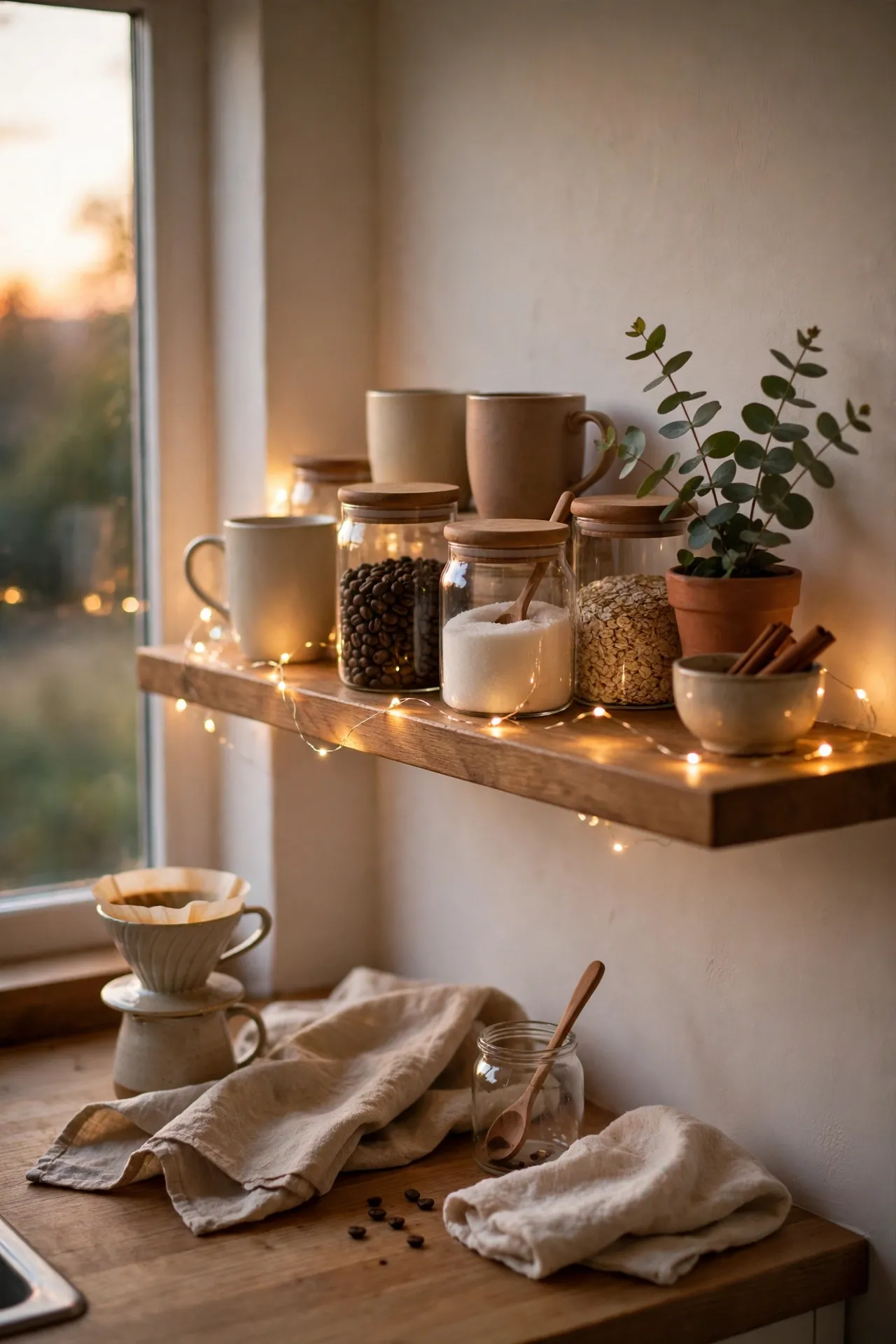 Coffee corner glowing with warm fairy lights draped along a shelf at dusk