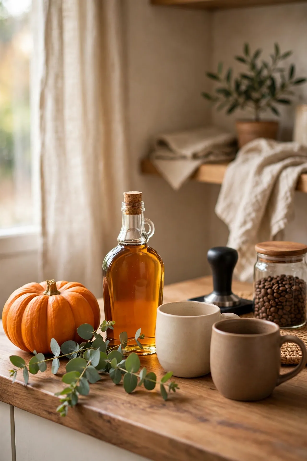 Coffee bar styled with small autumn pumpkin and seasonal touches, budget coffee station