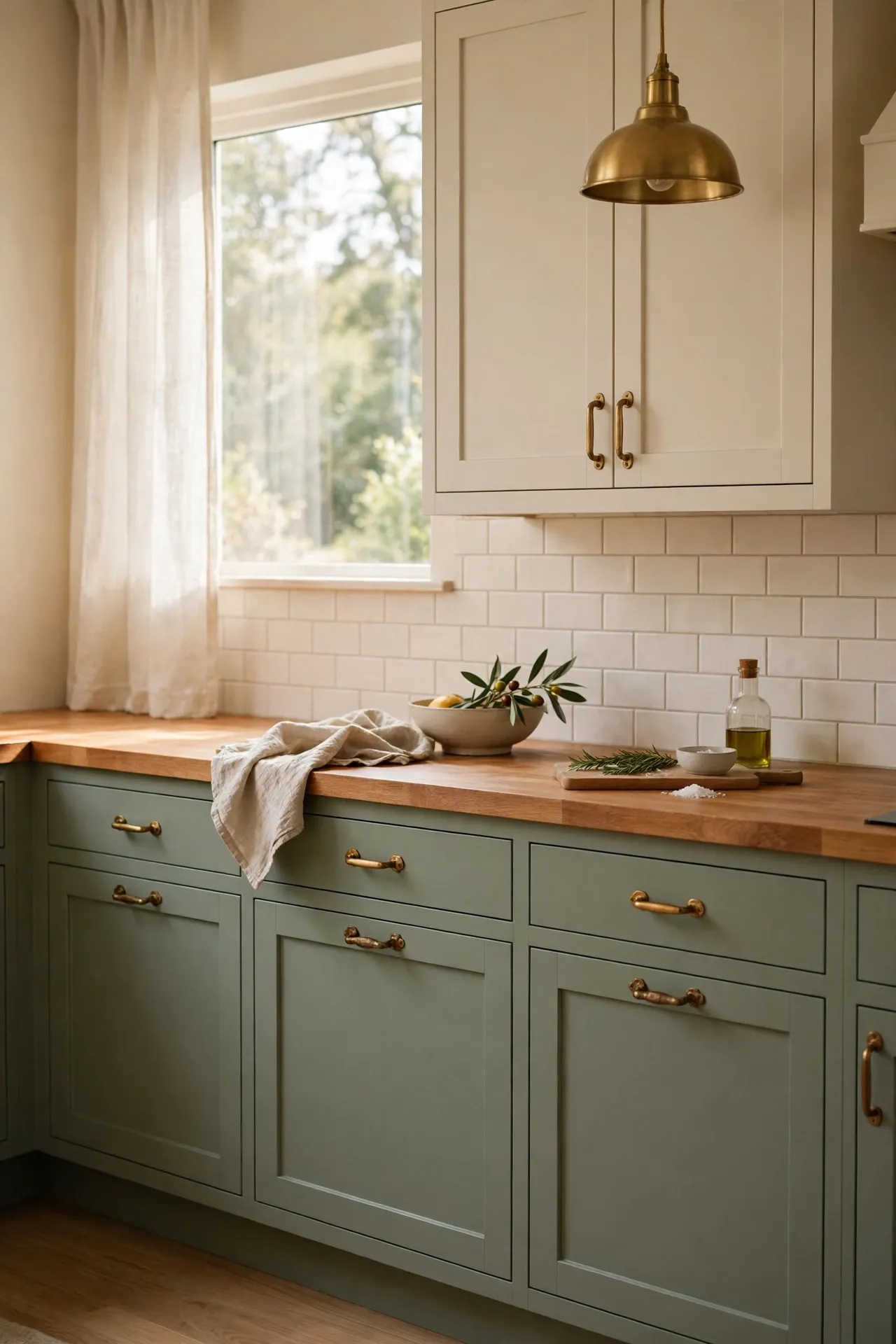 Sage green painted lower kitchen cabinets with cream uppers, budget kitchen idea