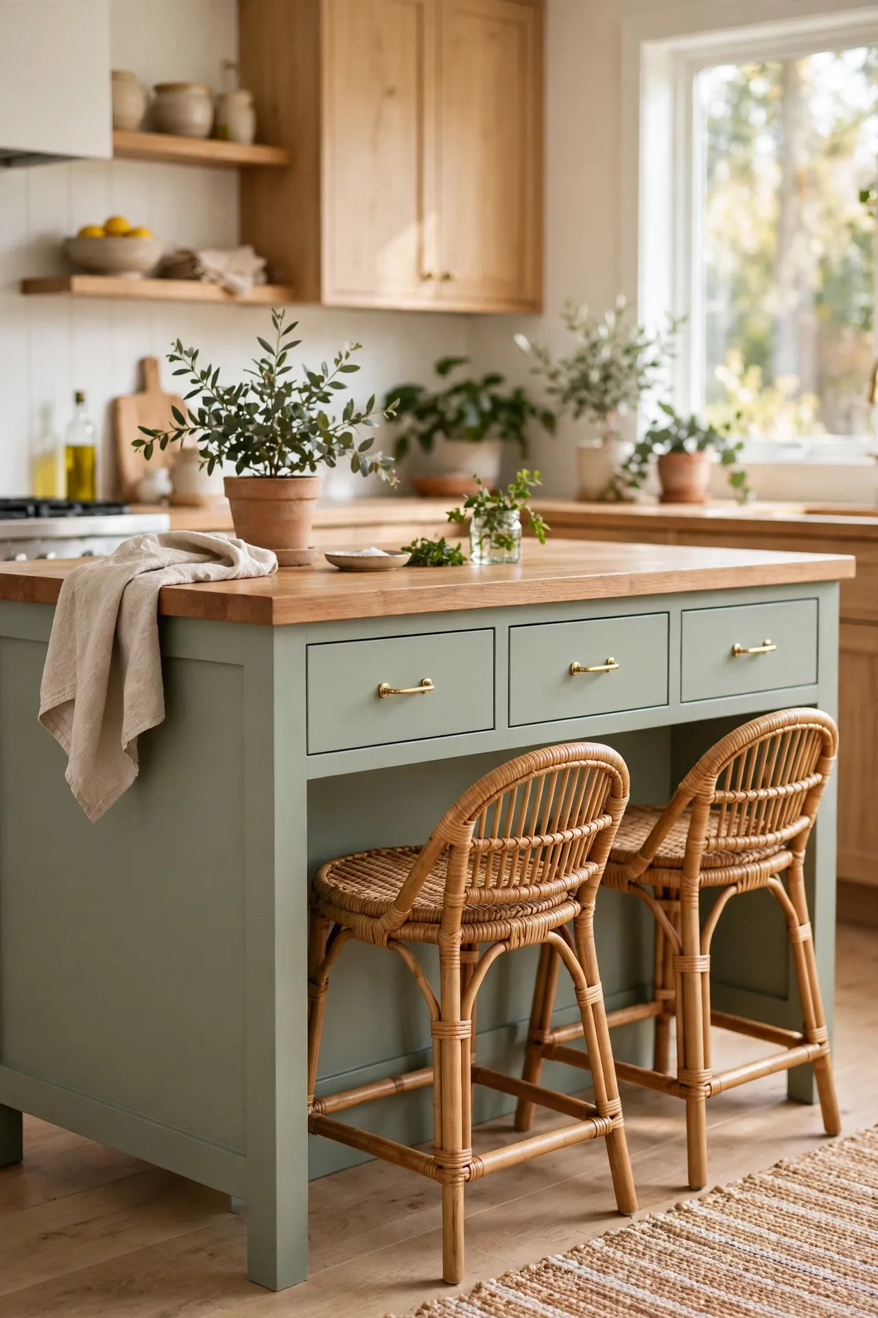 Kitchen island painted sage green with rattan bar stools, budget island refresh