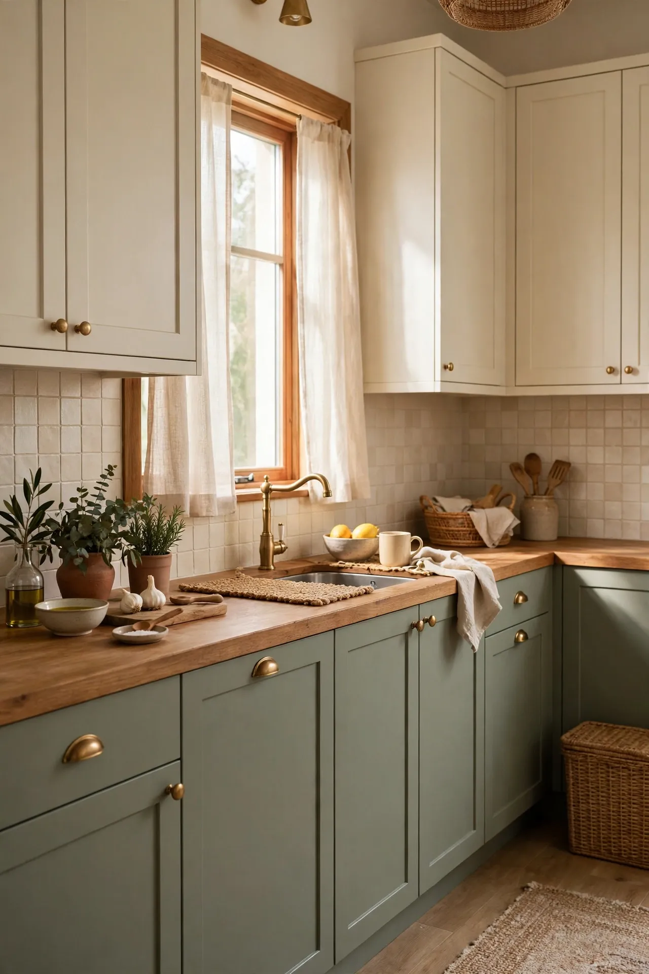 Two-tone sage green and cream kitchen cabinets with wooden worktops
