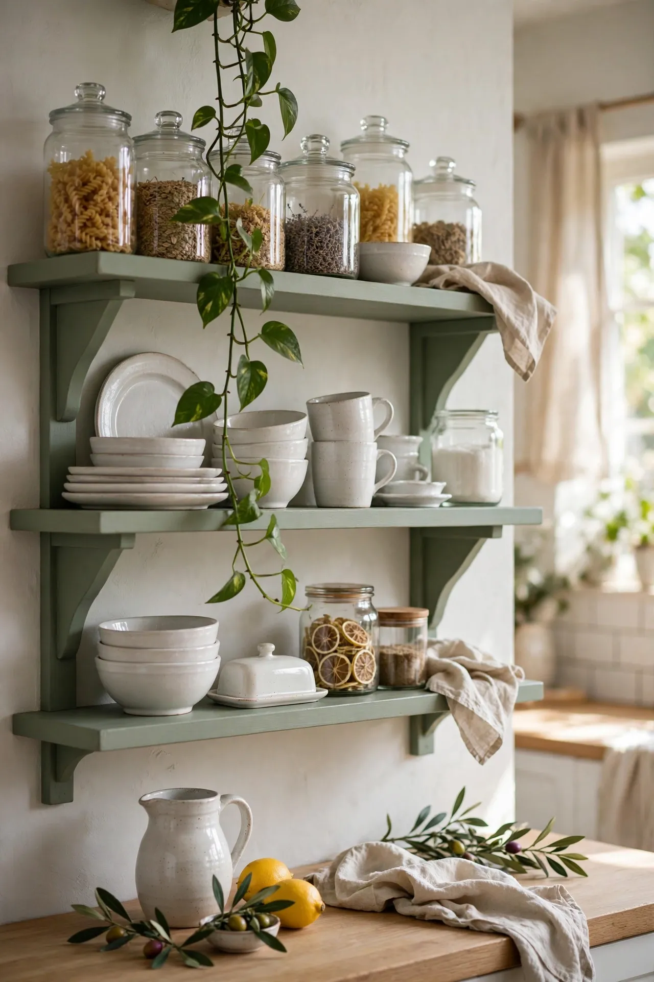Sage green painted open kitchen shelves styled with white crockery and plants
