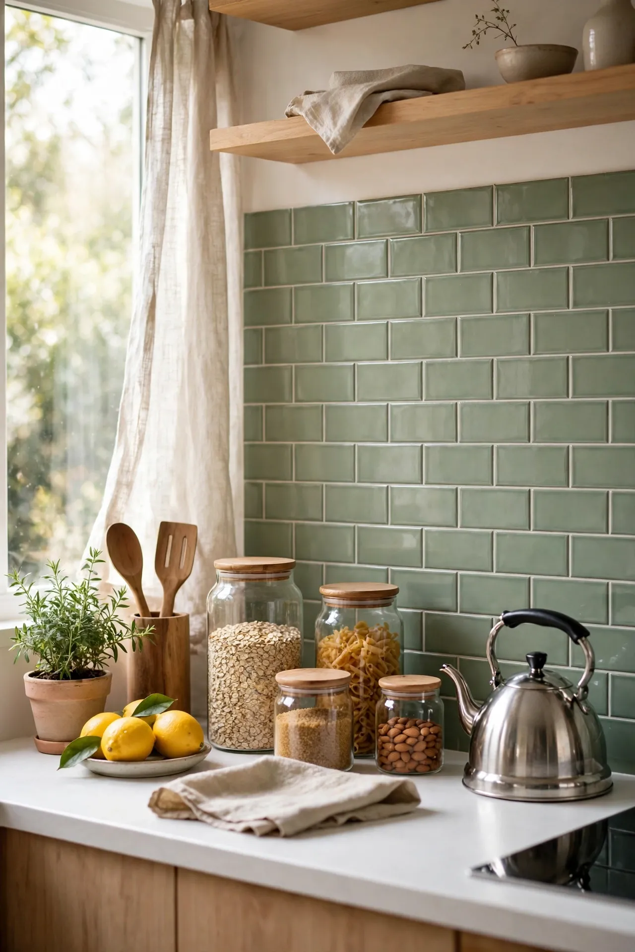 Sage green peel-and-stick tile backsplash in a budget kitchen makeover