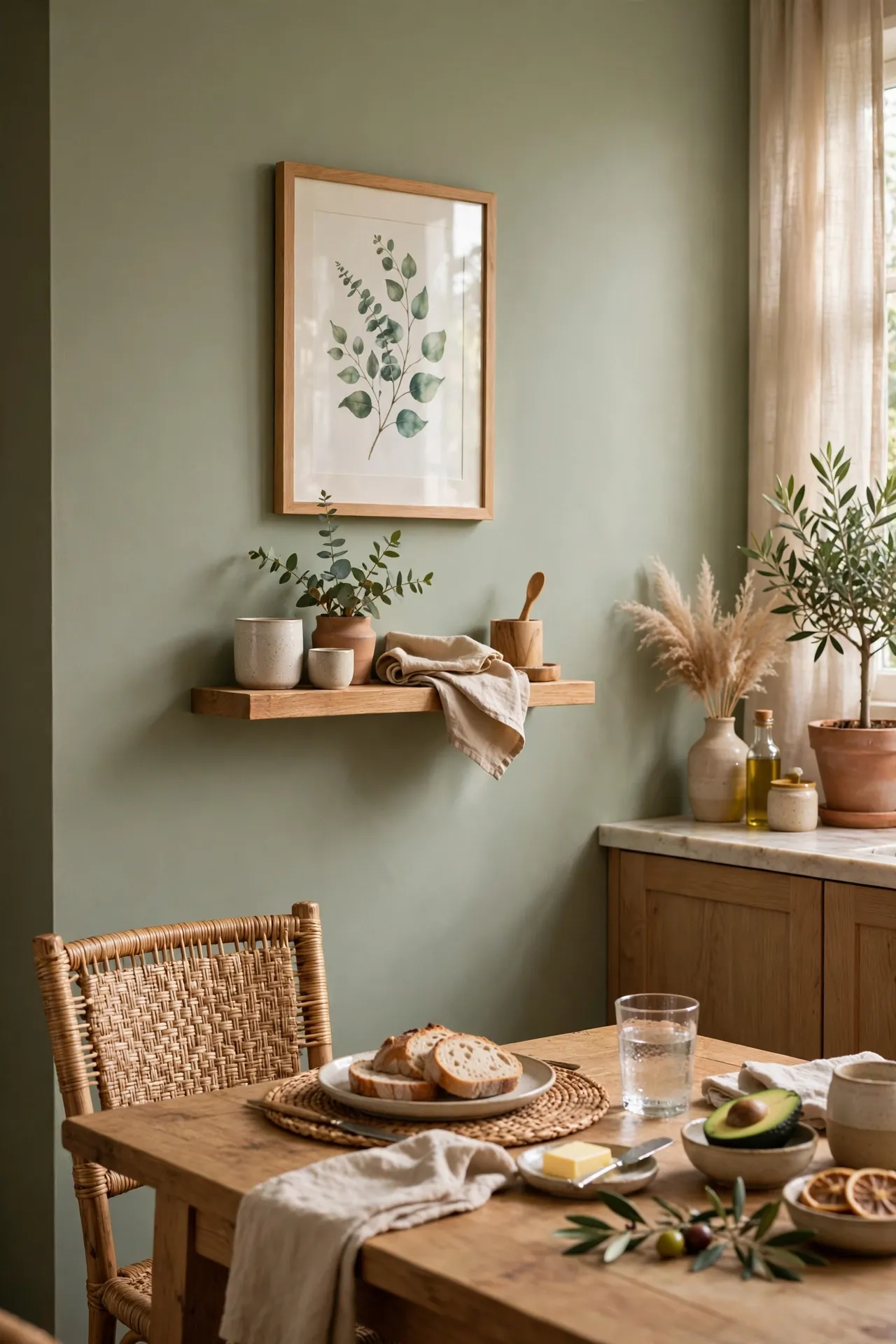Sage green painted feature wall at the dining end of a kitchen