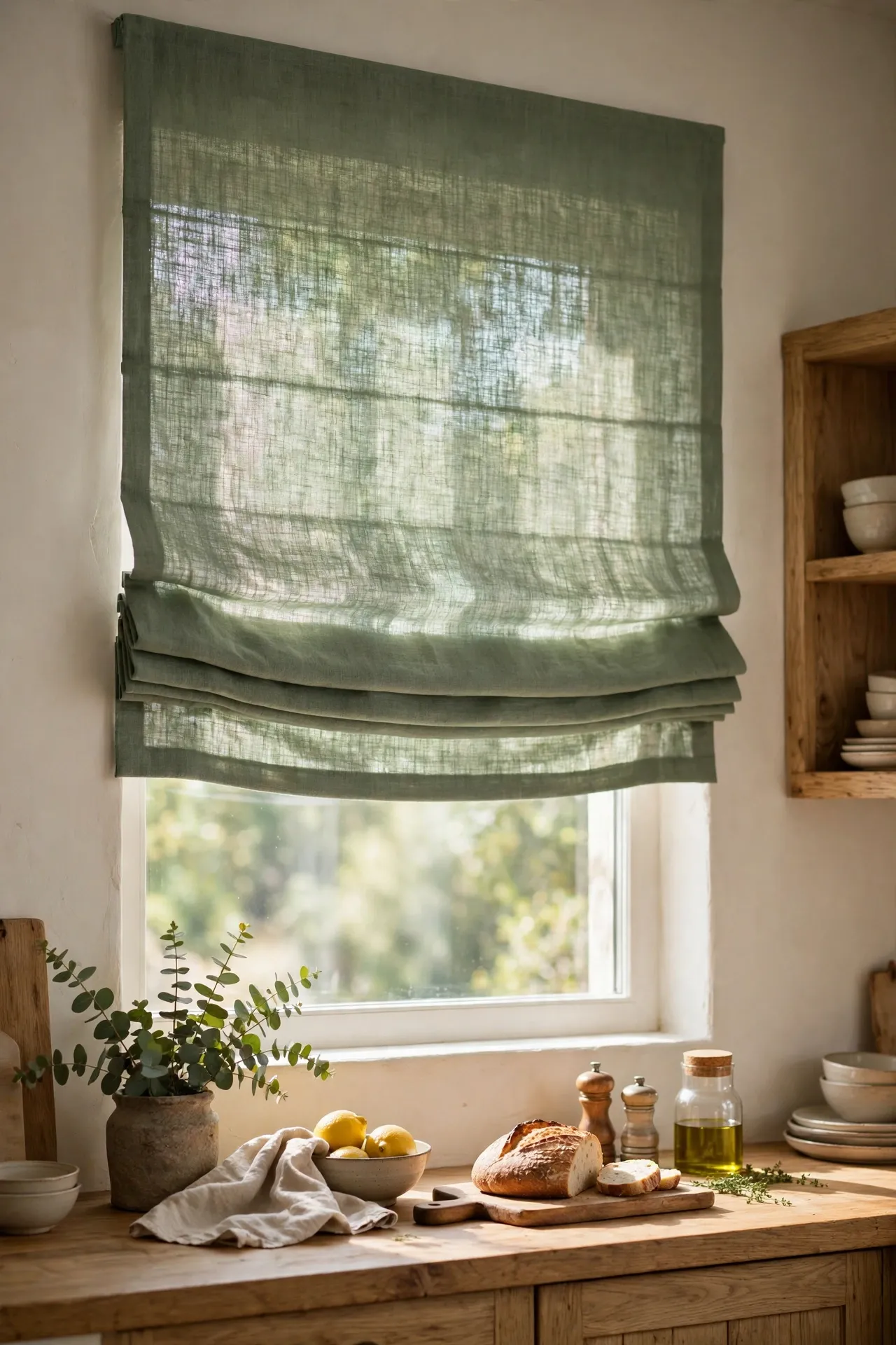 Sage green linen-look roman blind on a bright kitchen window