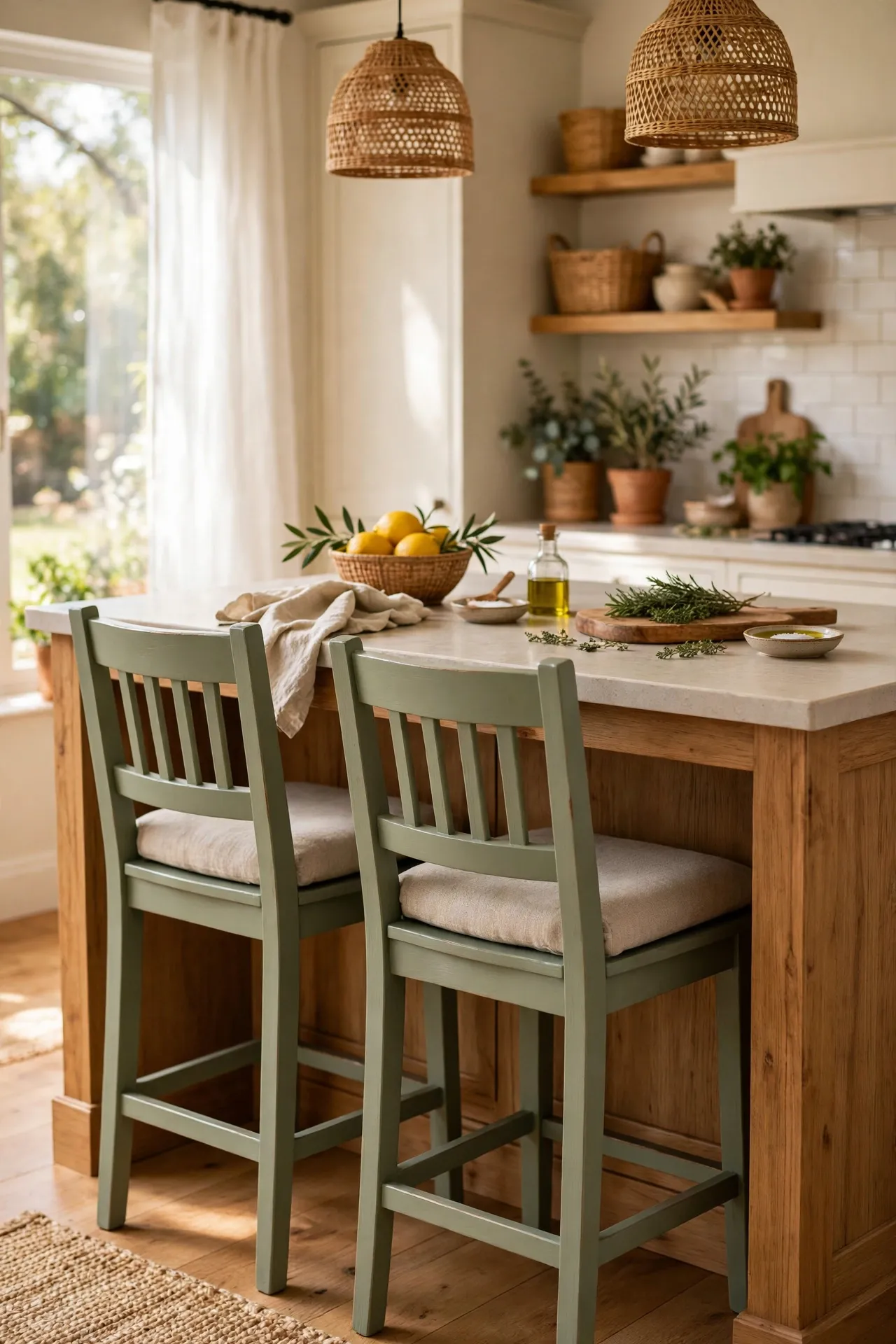 Pair of wooden bar stools painted sage green at a kitchen island